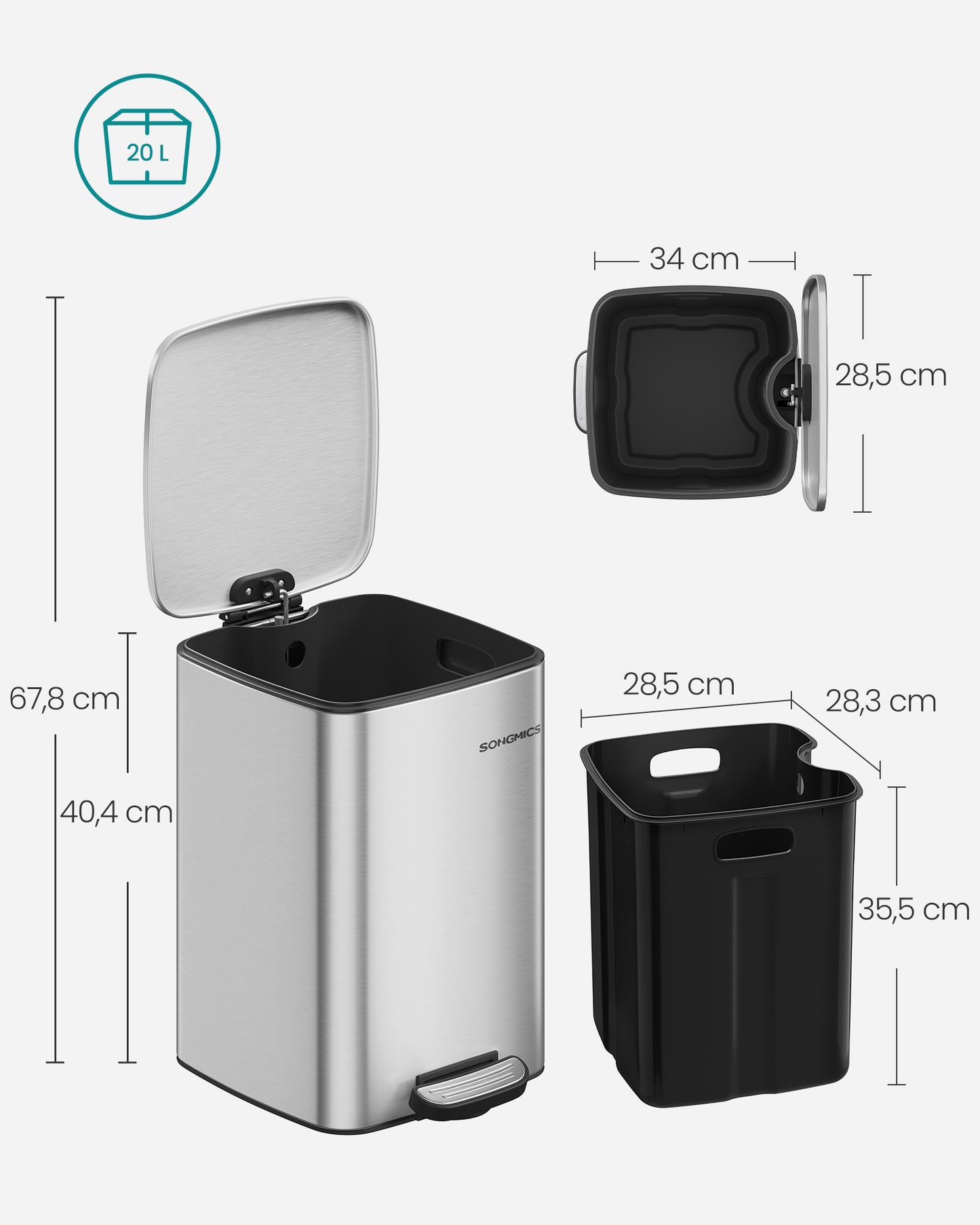 Cubo de Basura de 20 L Acero Inoxidable Plata Metálico-SONGMICS