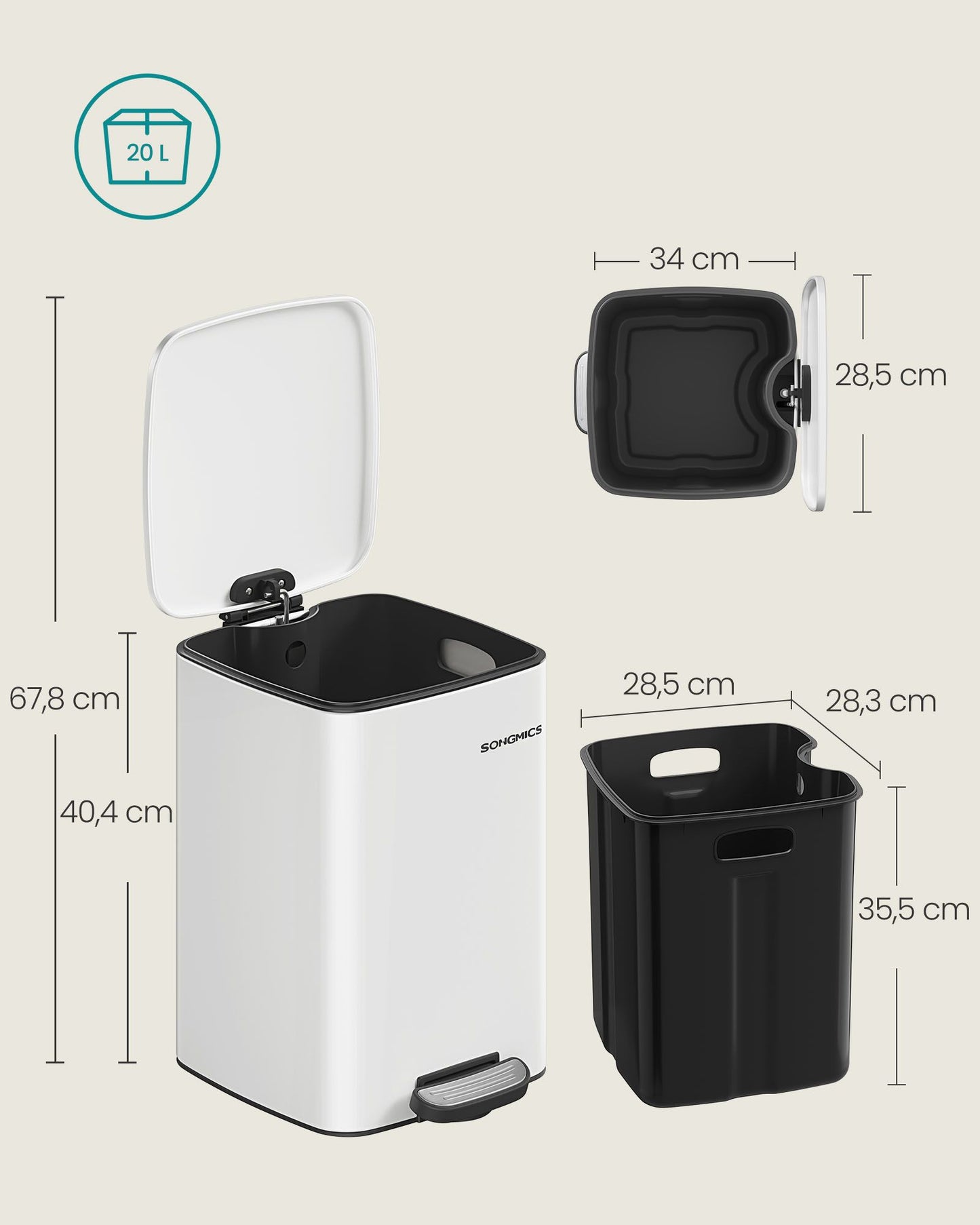 Cubo de Basura de 20 L Acero Inoxidable Blanco Nube-SONGMICS