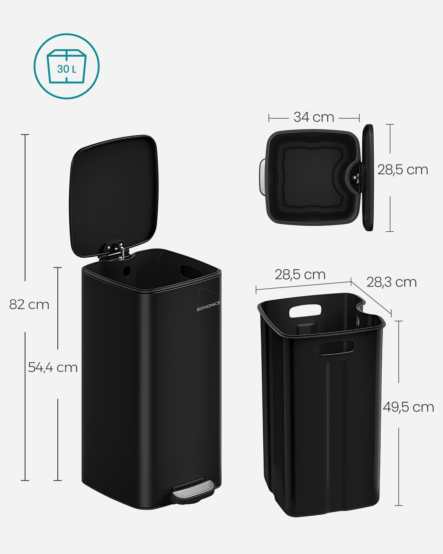 Cubo de Basura de 30 L Acero Inoxidable Negro Tinta-SONGMICS