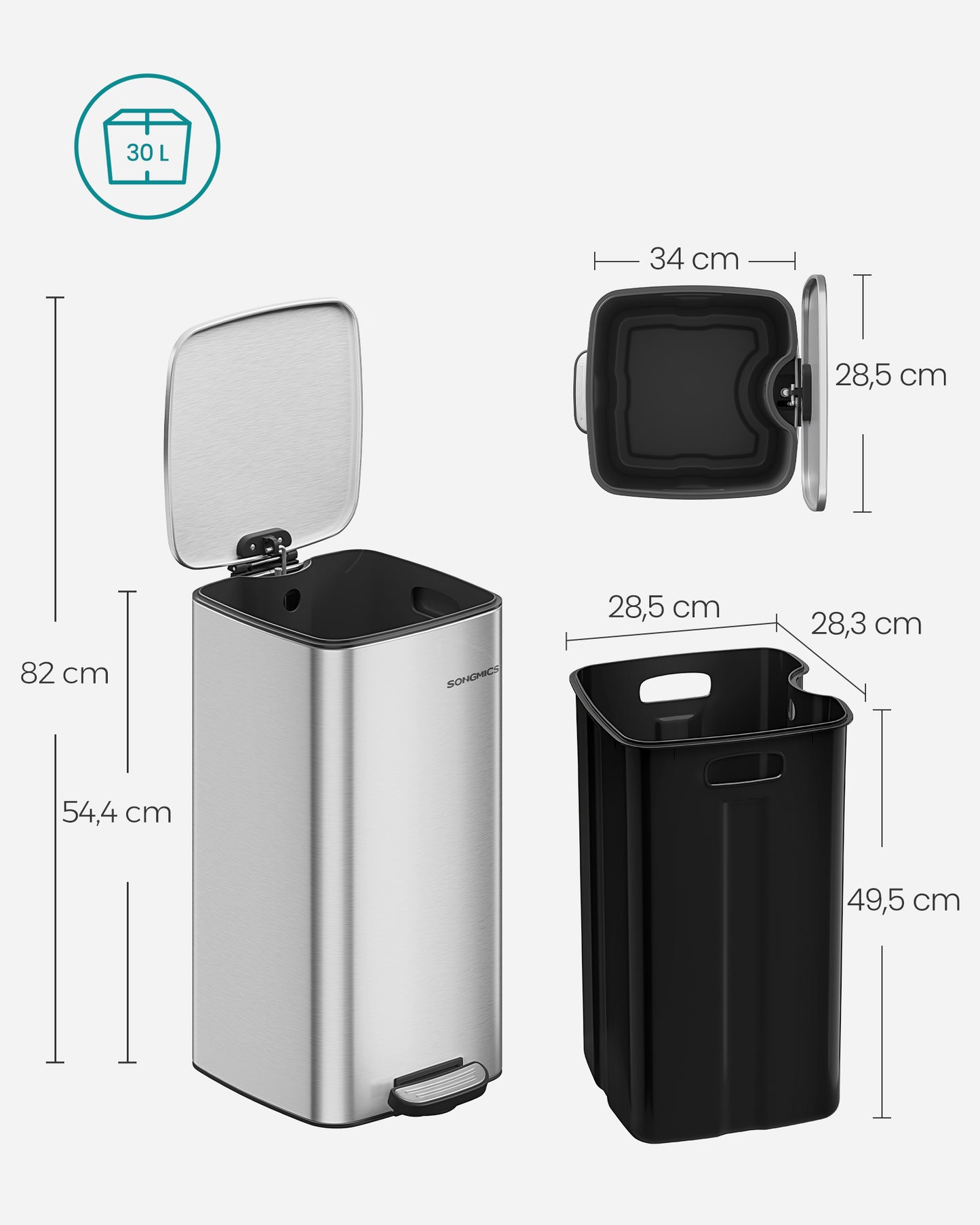 Cubo de Basura de 30 L Acero Inoxidable Plata Metálico-SONGMICS