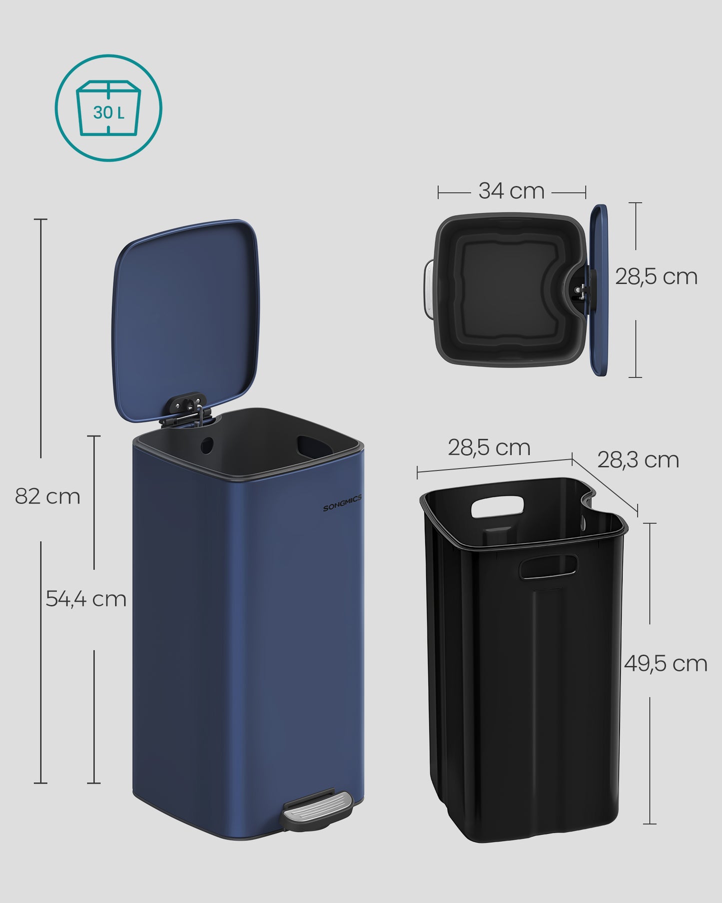 Cubo de Basura de 30 L Acero Inoxidable Azul Medianoche-SONGMICS