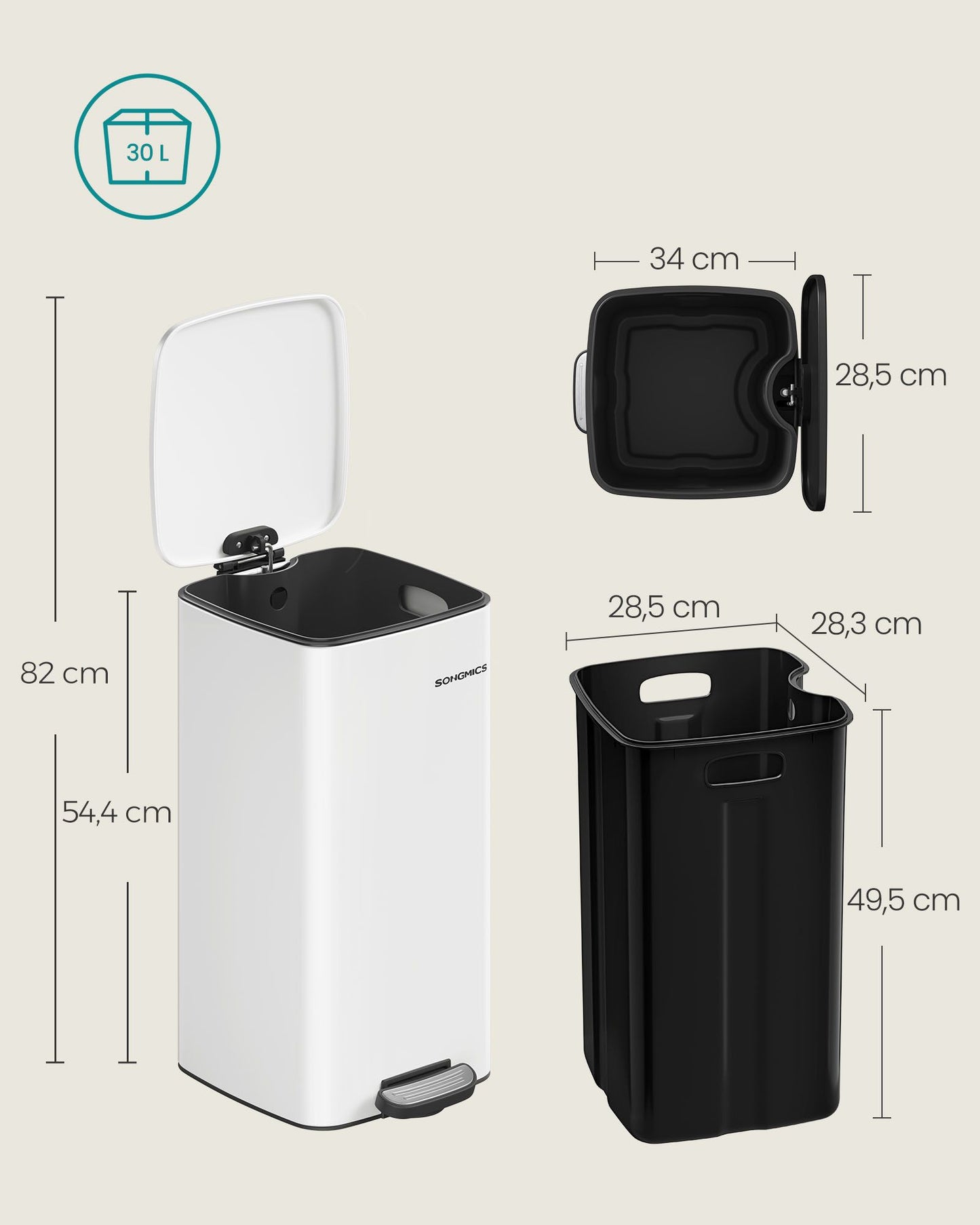 Cubo de Basura de 30 L Acero Inoxidable Blanco Nube-SONGMICS