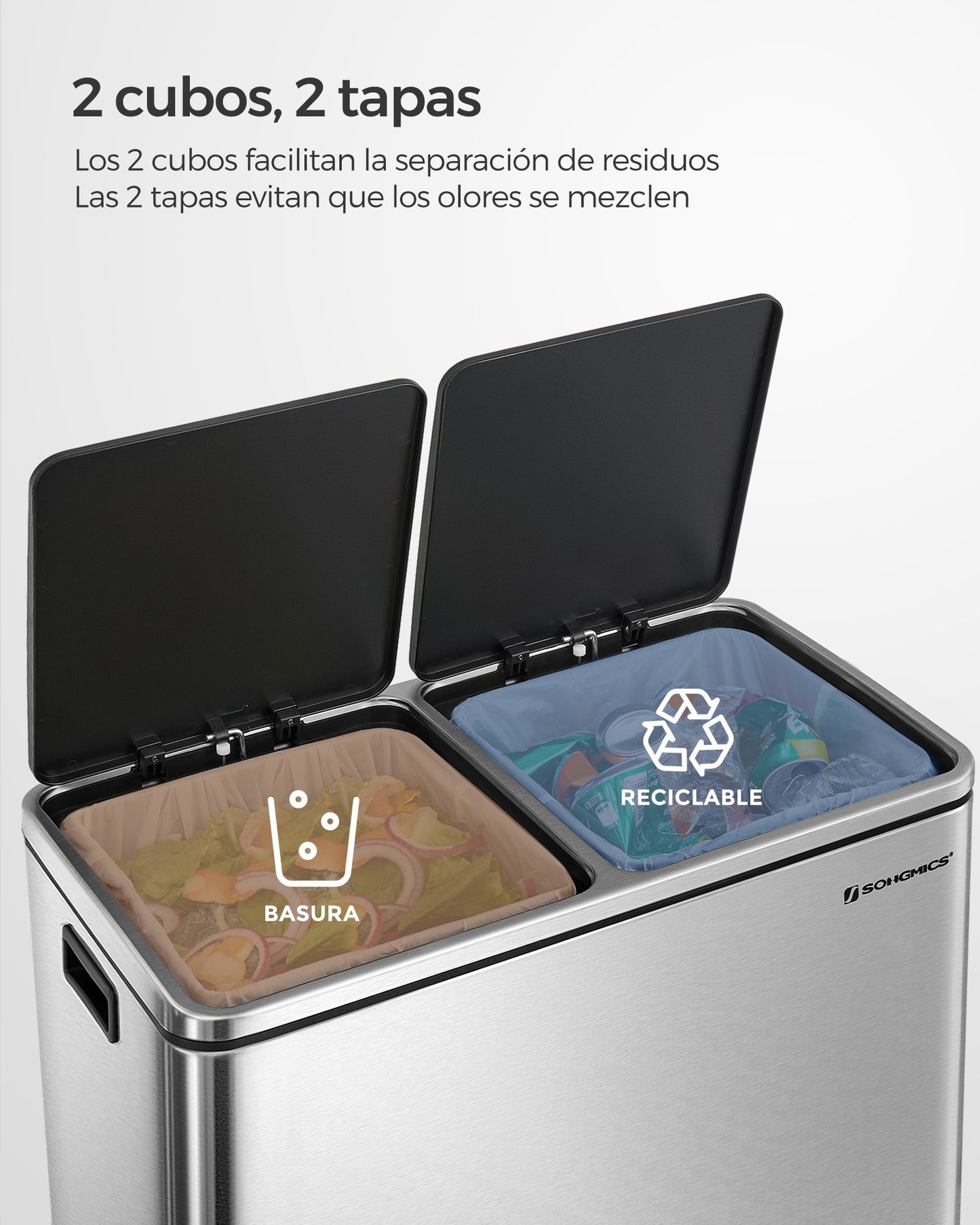 Cubo de Basura Cubo de Pedal con Doble Compartimento de 2 x 30 L Plata y Negro-SONGMICS