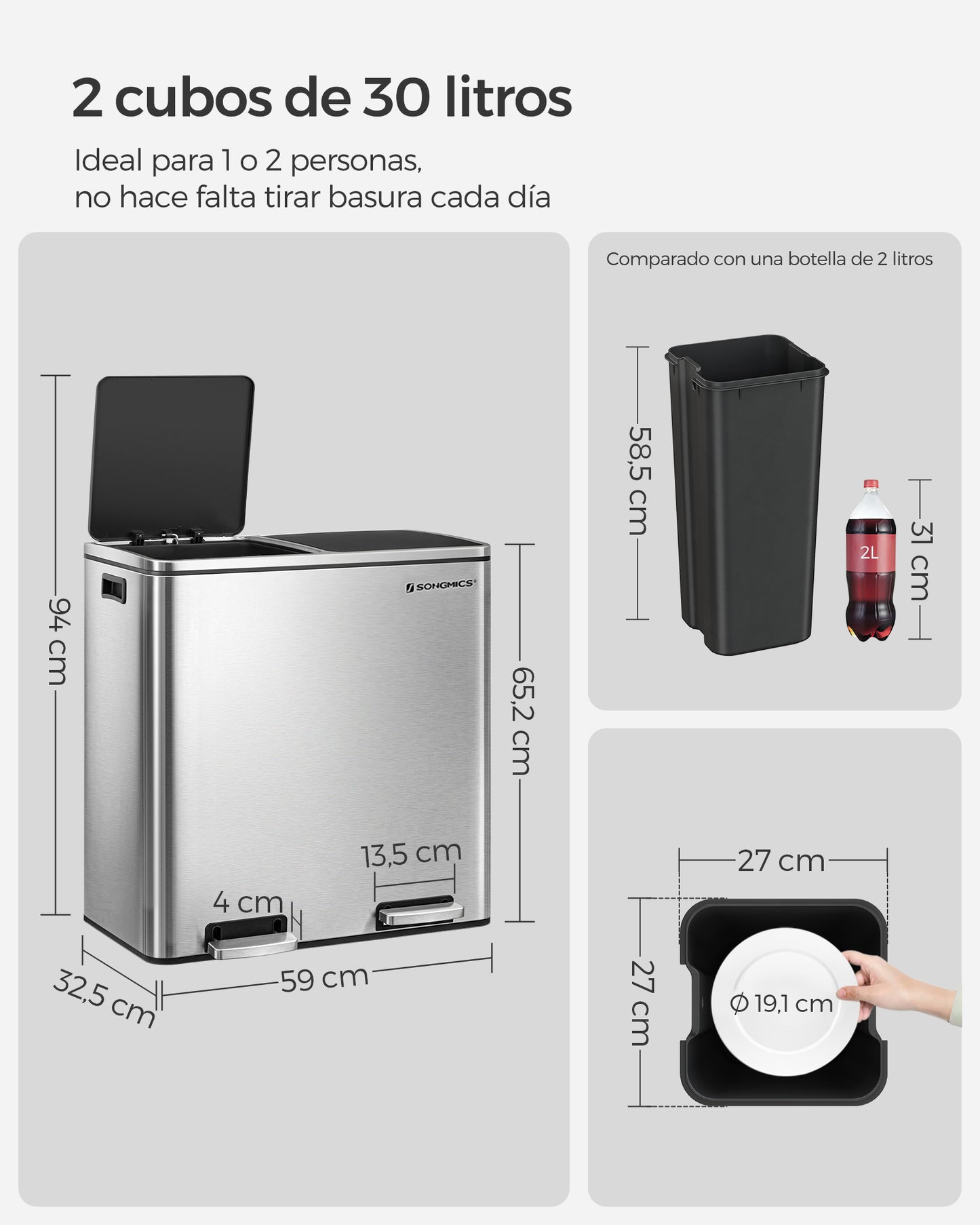 Cubo de Basura Cubo de Pedal con Doble Compartimento de 2 x 30 L Plata y Negro-SONGMICS