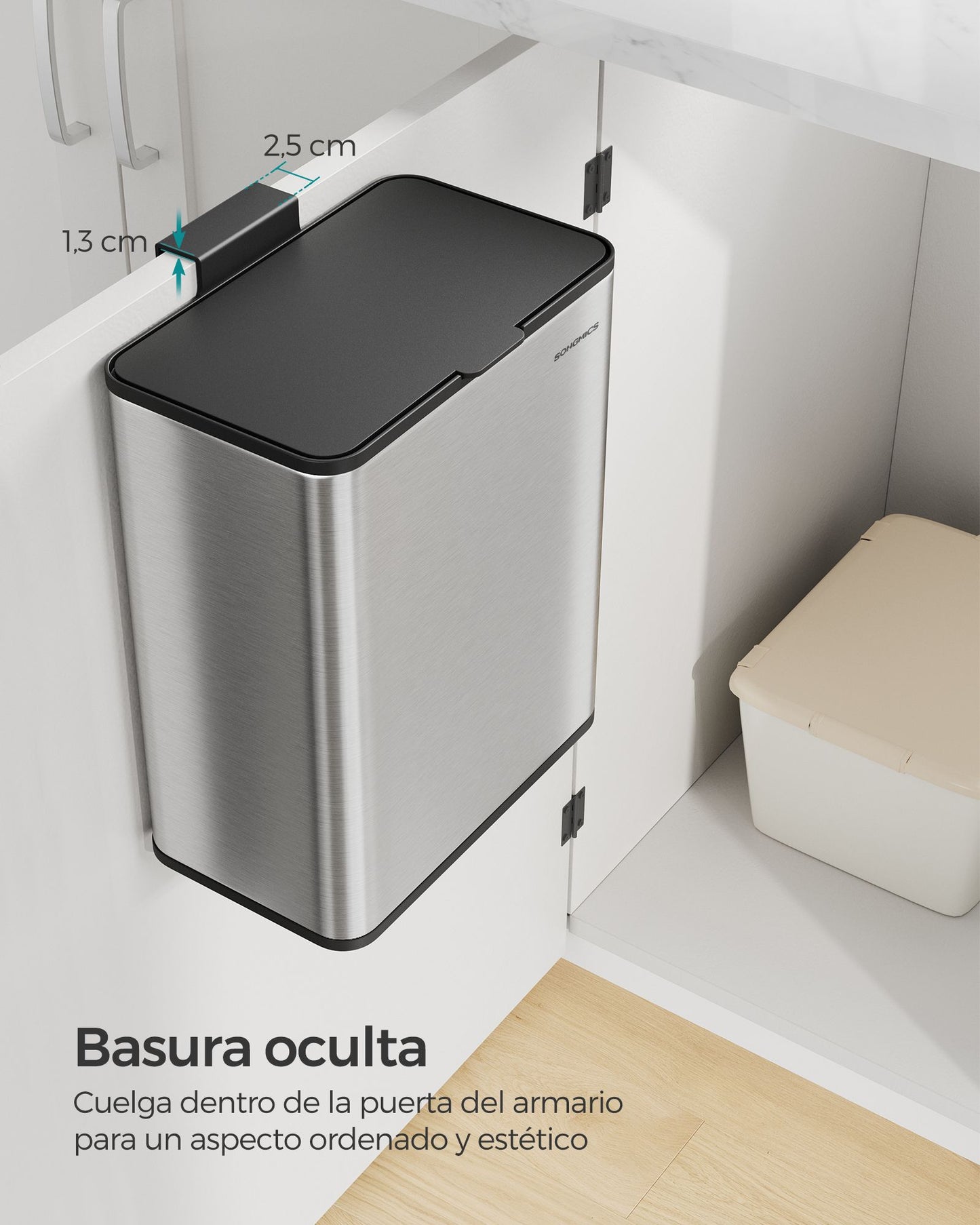 Cubo de Basura Colgante Acero 8 L con Tapa Plata Metálico-SONGMICS