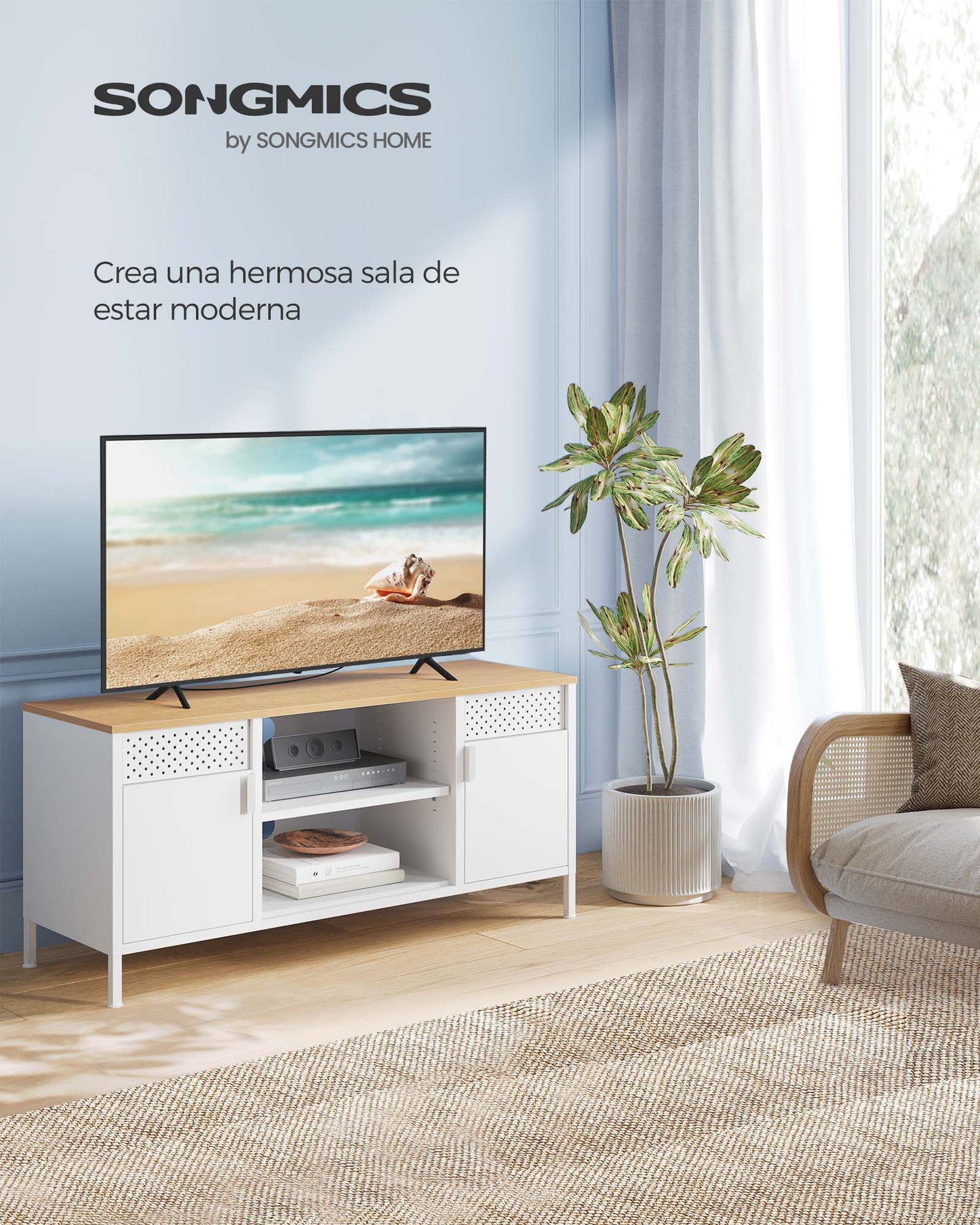 Mueble de TV con Estantes Ajustables Roble y Blanco-SONGMICS