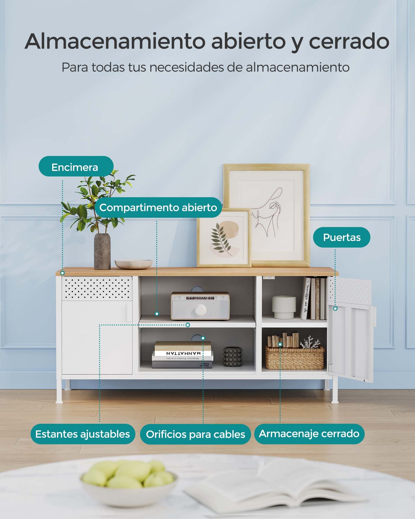 Mueble de TV con Estantes Ajustables Roble y Blanco-SONGMICS