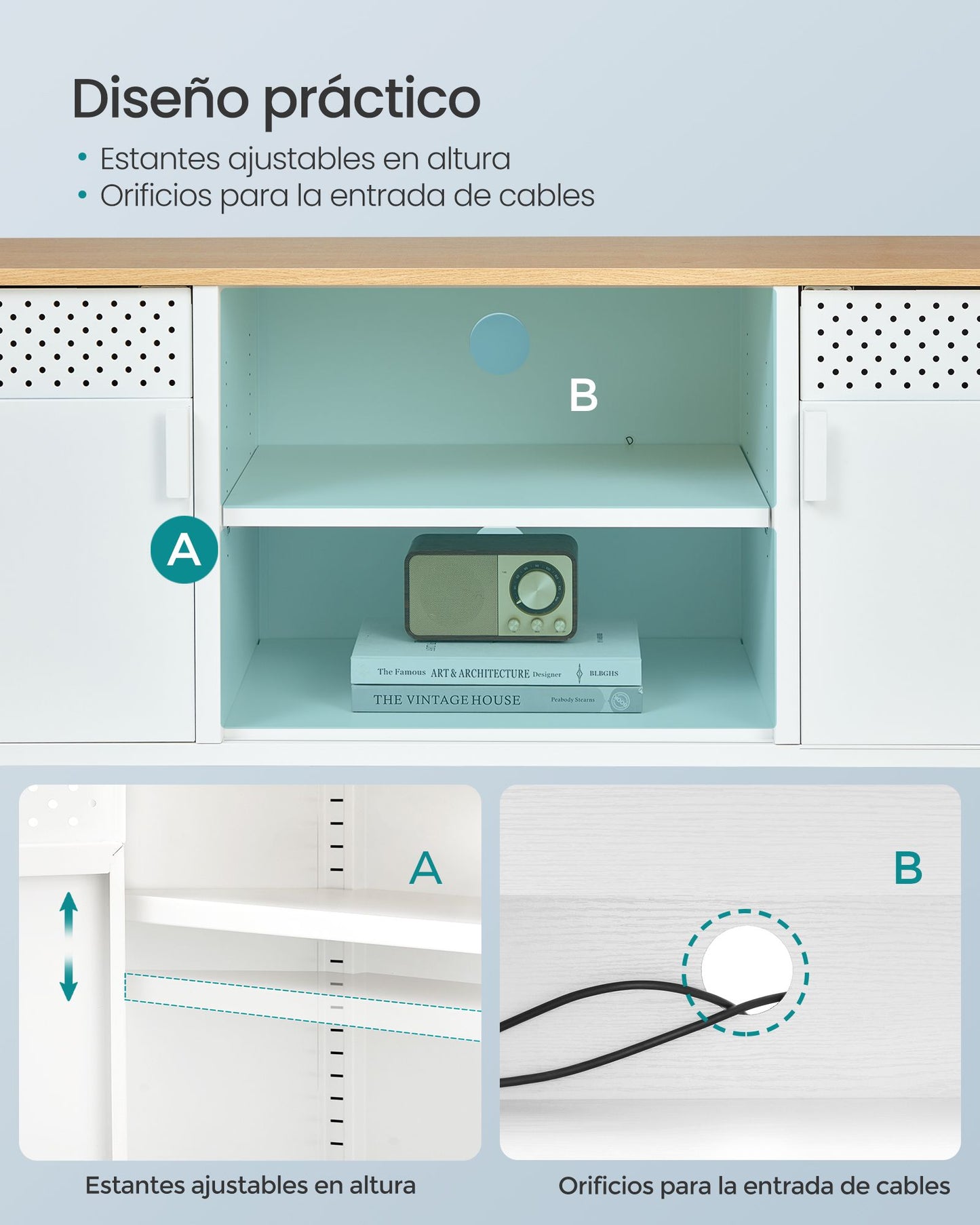 Mueble de TV con Estantes Ajustables Roble y Blanco-SONGMICS