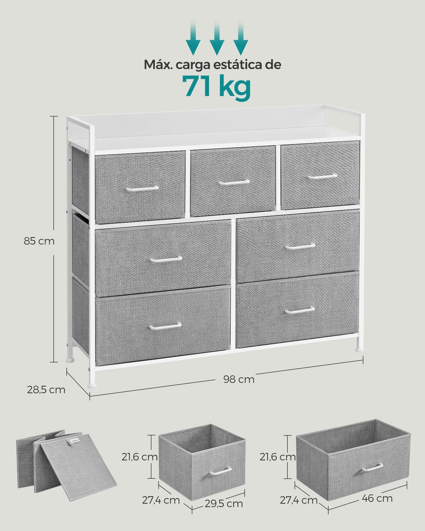 Cómoda con 7 Cajones de Tela Gris Paloma y Blanco Nube-SONGMICS