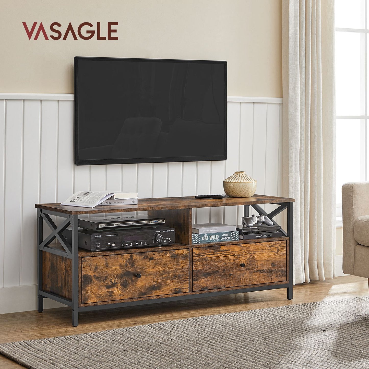 Mueble de TV Marrón Rústico y Negro-VASAGLE