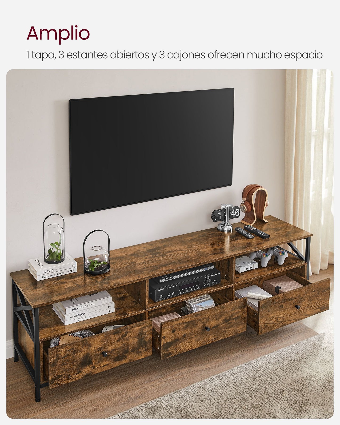 Mueble de TV de hasta 80 Pulgadas 40 x 178 x 50 cm Marrón Rústico y Negro-VASAGLE
