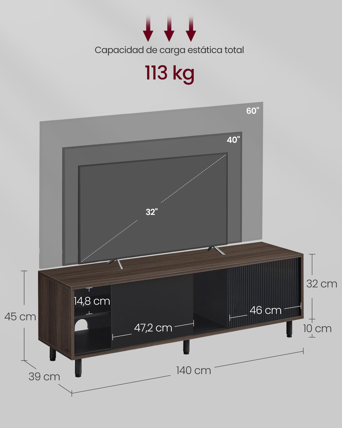 Mueble de TV 140 x 39 x 45 cm Marrón Ceniza y Negro Tinta-VASAGLE