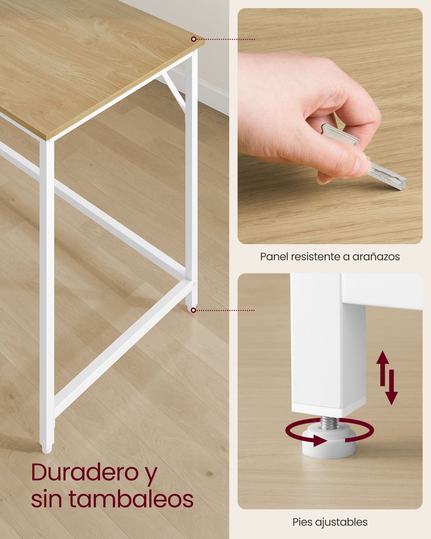 Escritorio 50 x 80 x 76 cm Roble Natural y Blanco Perla-VASAGLE