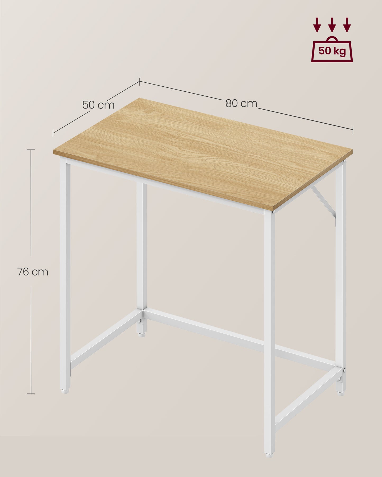 Escritorio 50 x 80 x 76 cm Roble Natural y Blanco Perla-VASAGLE