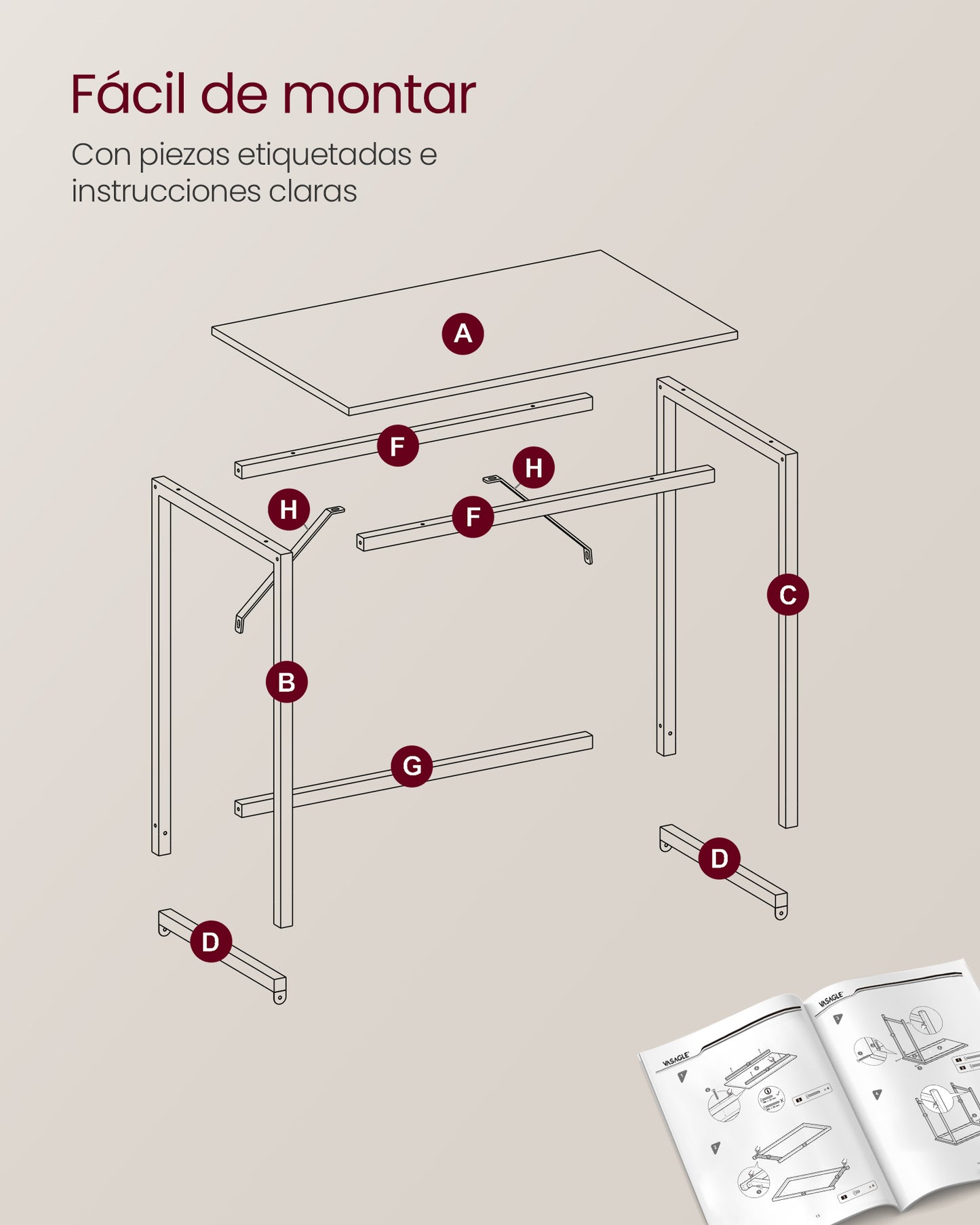 Escritorio 50 x 80 x 76 cm Roble Natural y Blanco Perla-VASAGLE