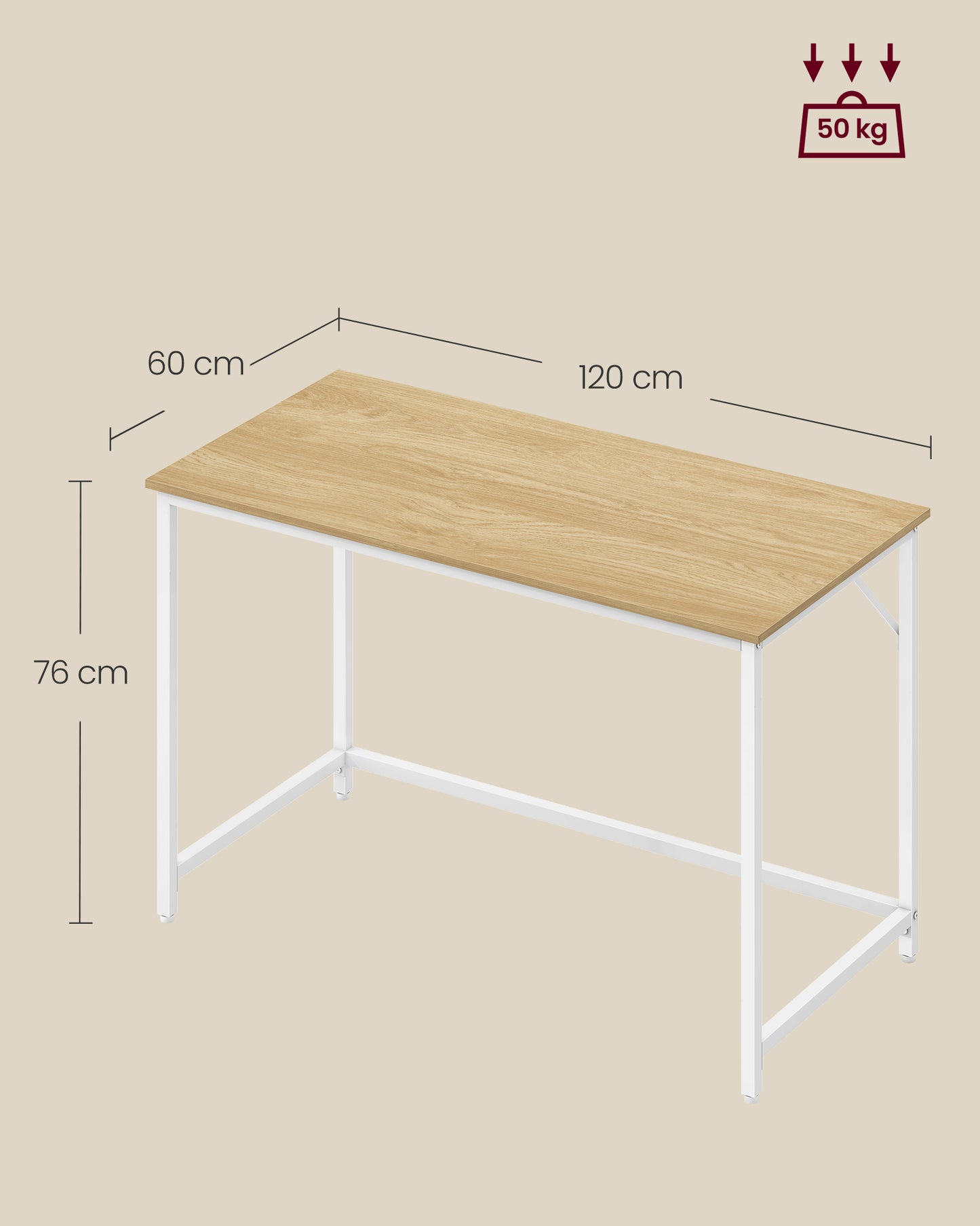 Escritorio 60 x 120 x 76 cm Roble Natural y Blanco Perla-VASAGLE