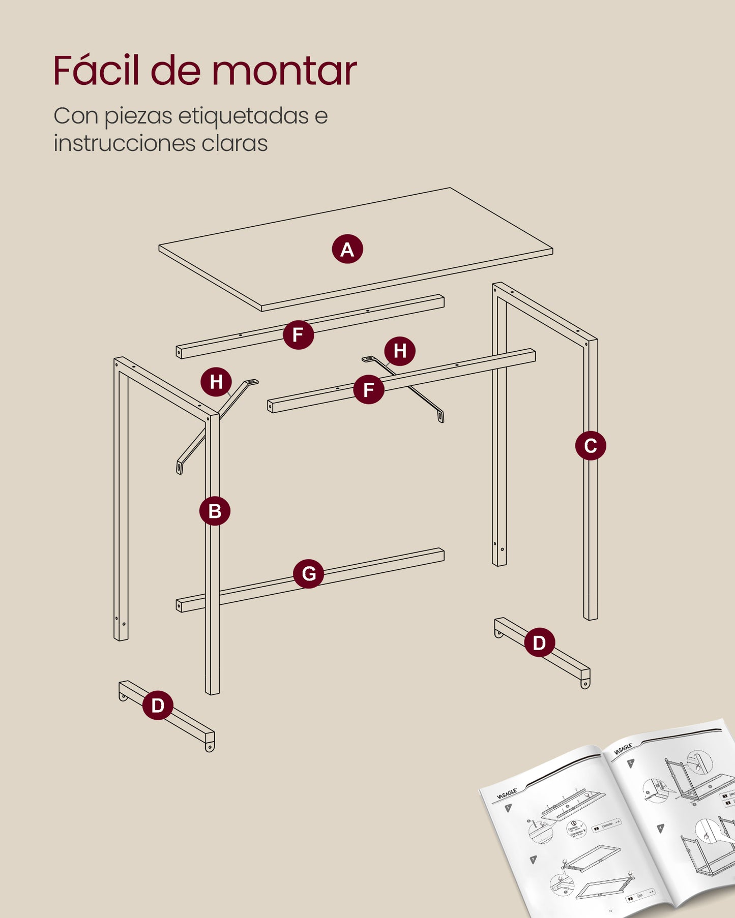 Escritorio 60 x 120 x 76 cm Roble Natural y Blanco Perla-VASAGLE