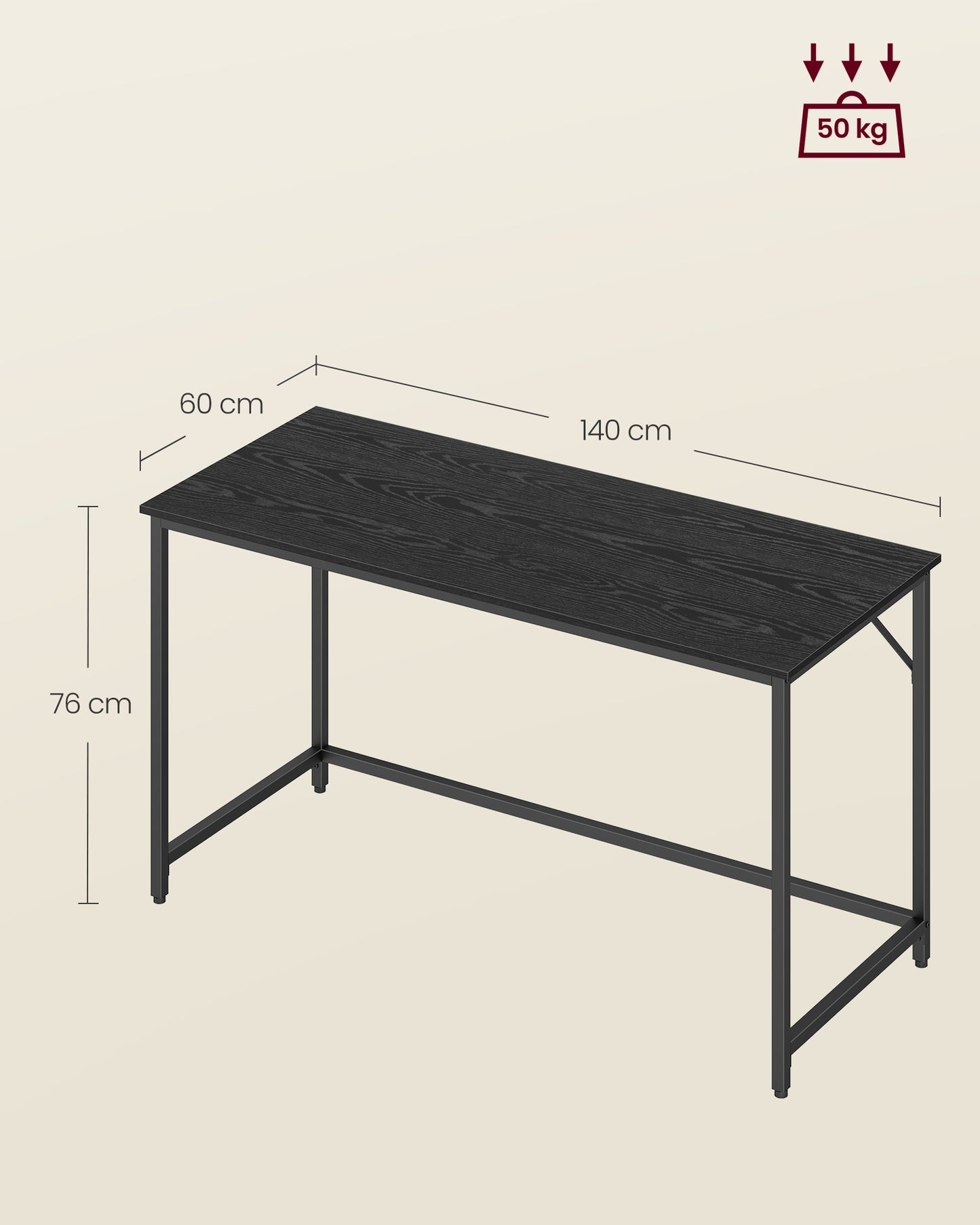 Escritorio 60 x 140 x 76 cm Metal Negro Ébano y Blanco Perla-VASAGLE