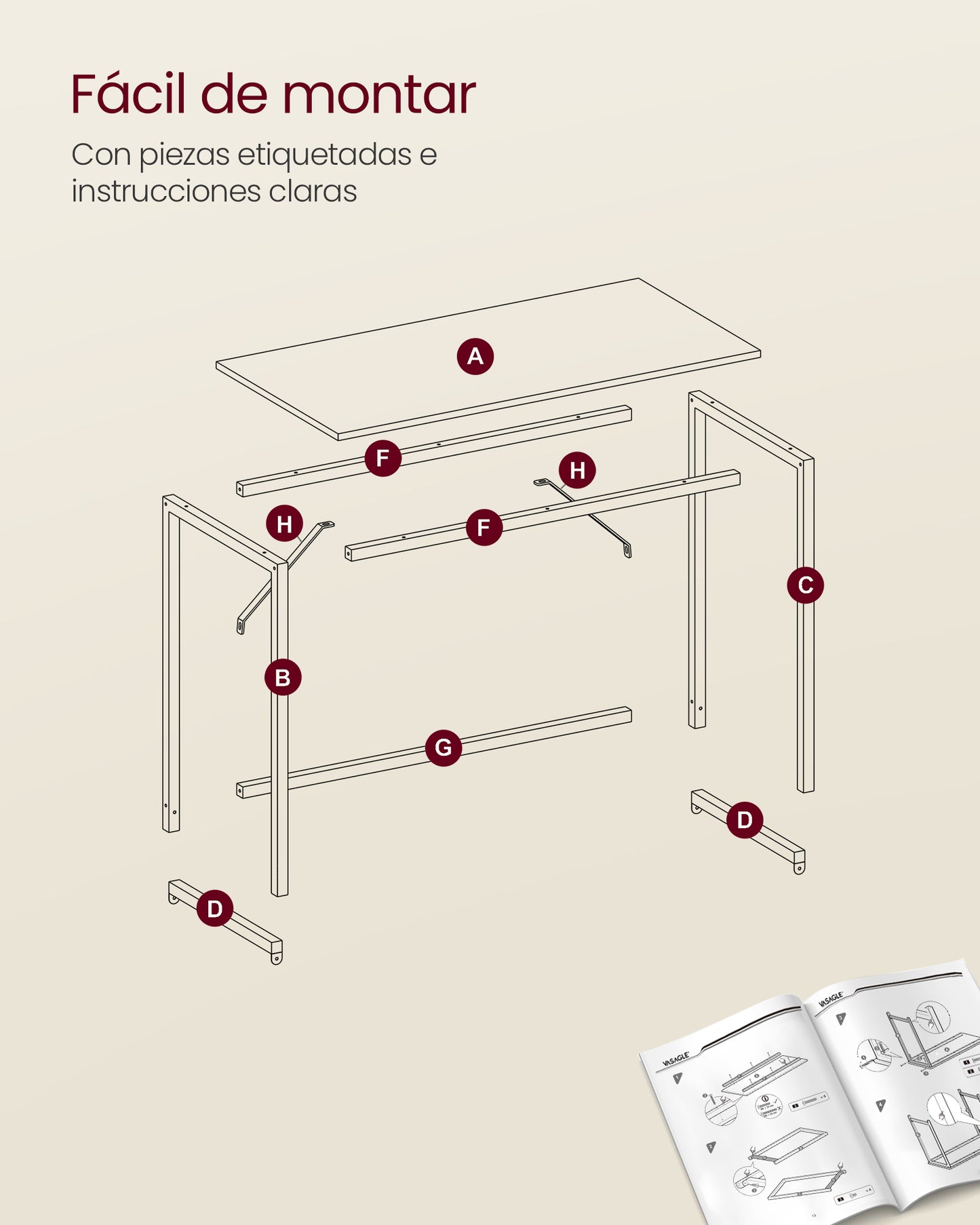 Escritorio 60 x 140 x 76 cm Metal Negro Ébano y Blanco Perla-VASAGLE