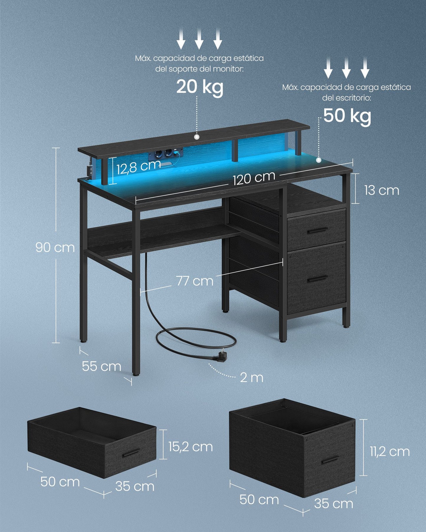 Escritorio para Juegos con Luces LED Negro Ébano-VASAGLE