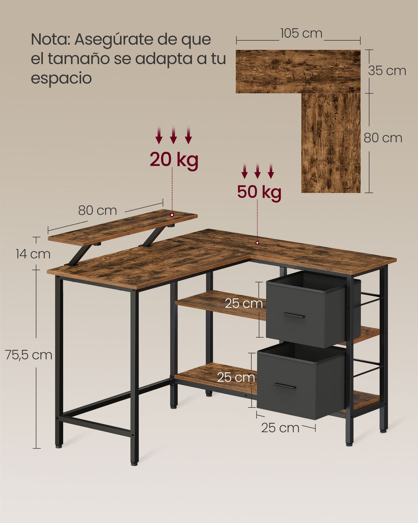 Escritorio en Forma de L con 2 Amplios Cajones Marrón Rústico-VASAGLE