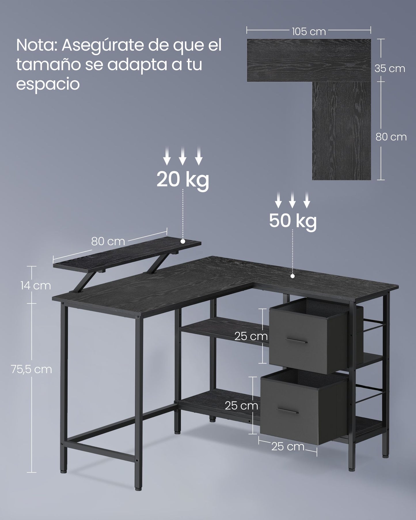 Escritorio en Forma de L con 2 Amplios Cajones Negro Ébano-VASAGLE