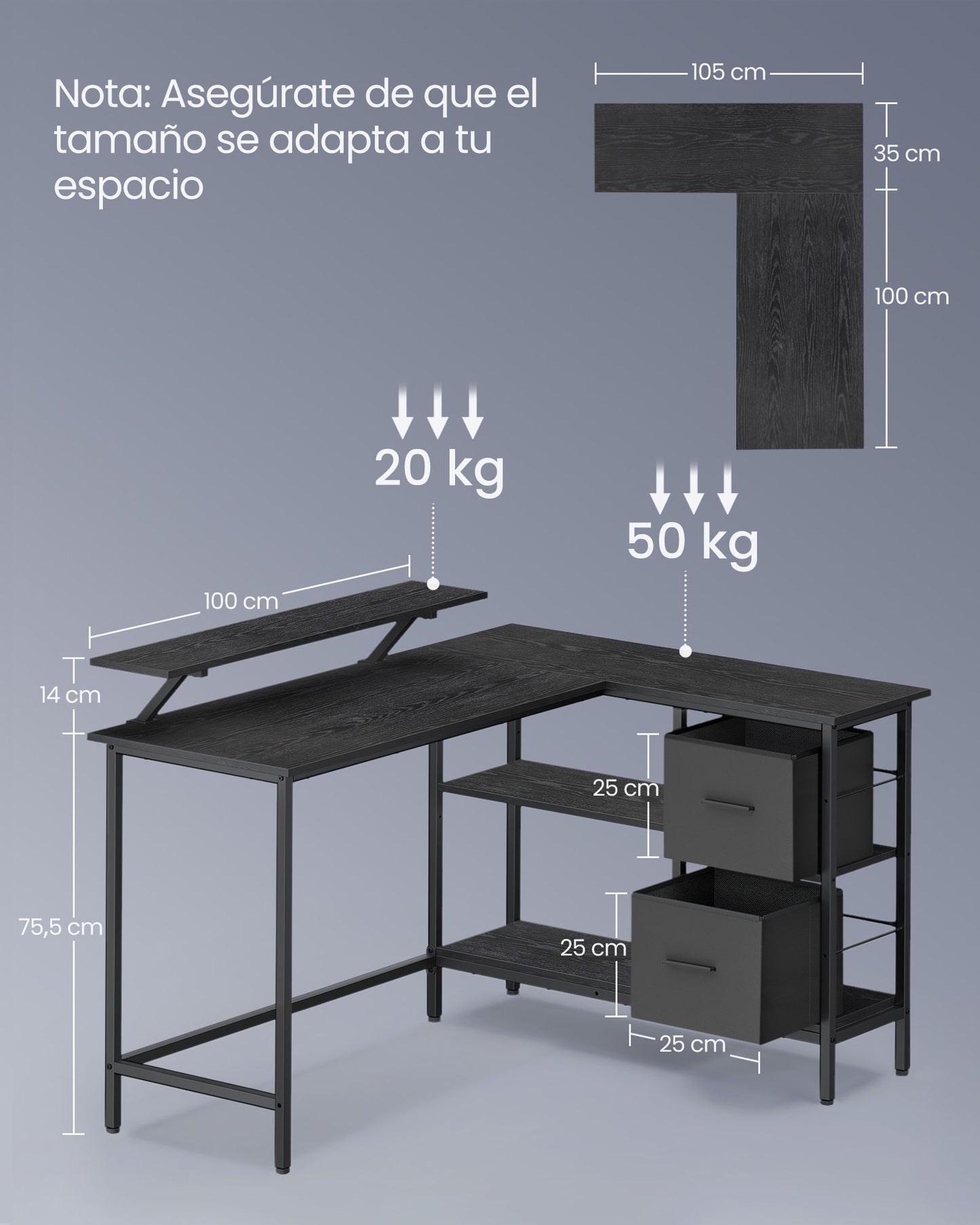 Escritorio en Forma de L con 2 Amplios Cajones Negro Ébano-VASAGLE