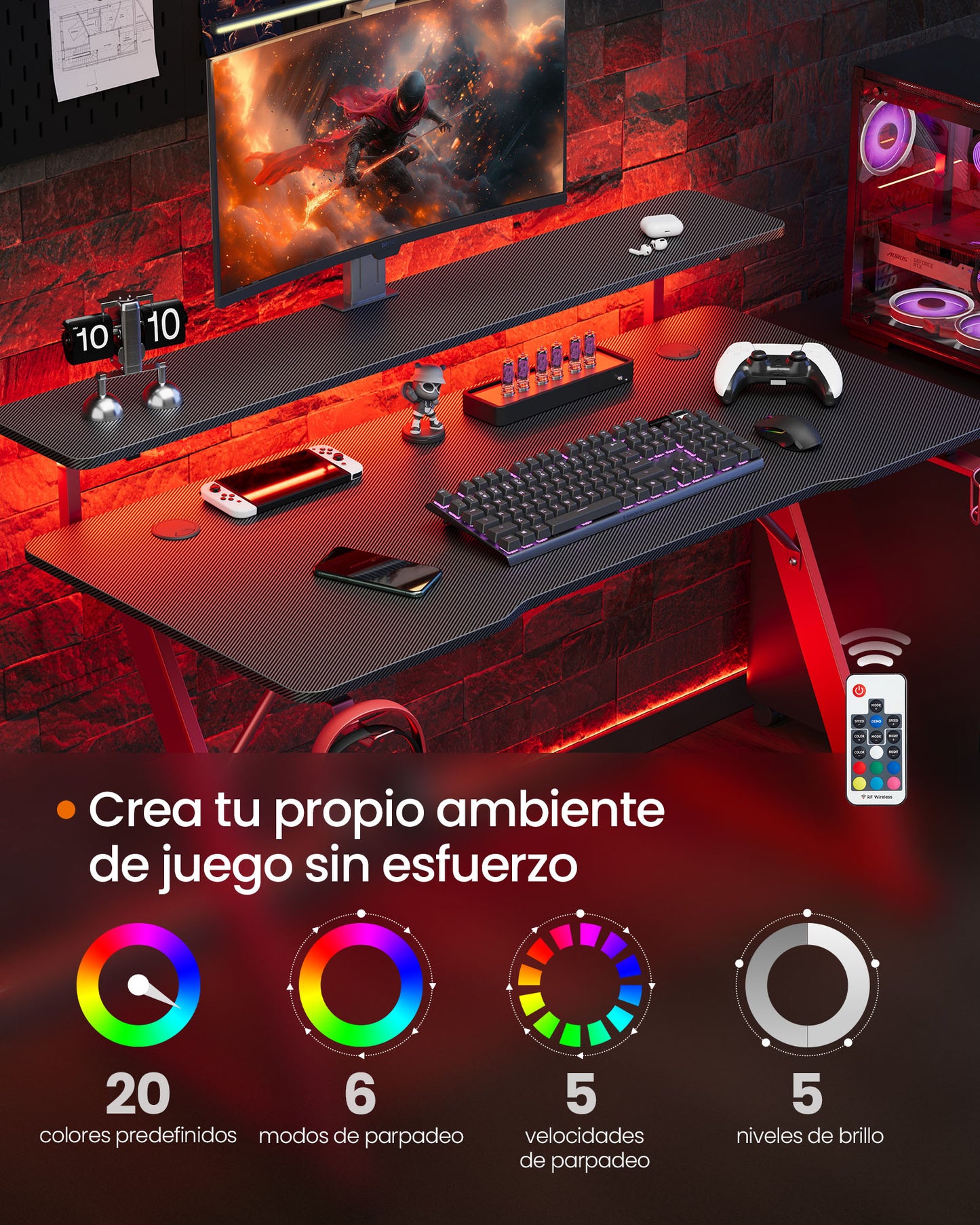 Escritorio para Juegos con Luces LED Negro Carbón y Rojo Rubí-VASAGLE