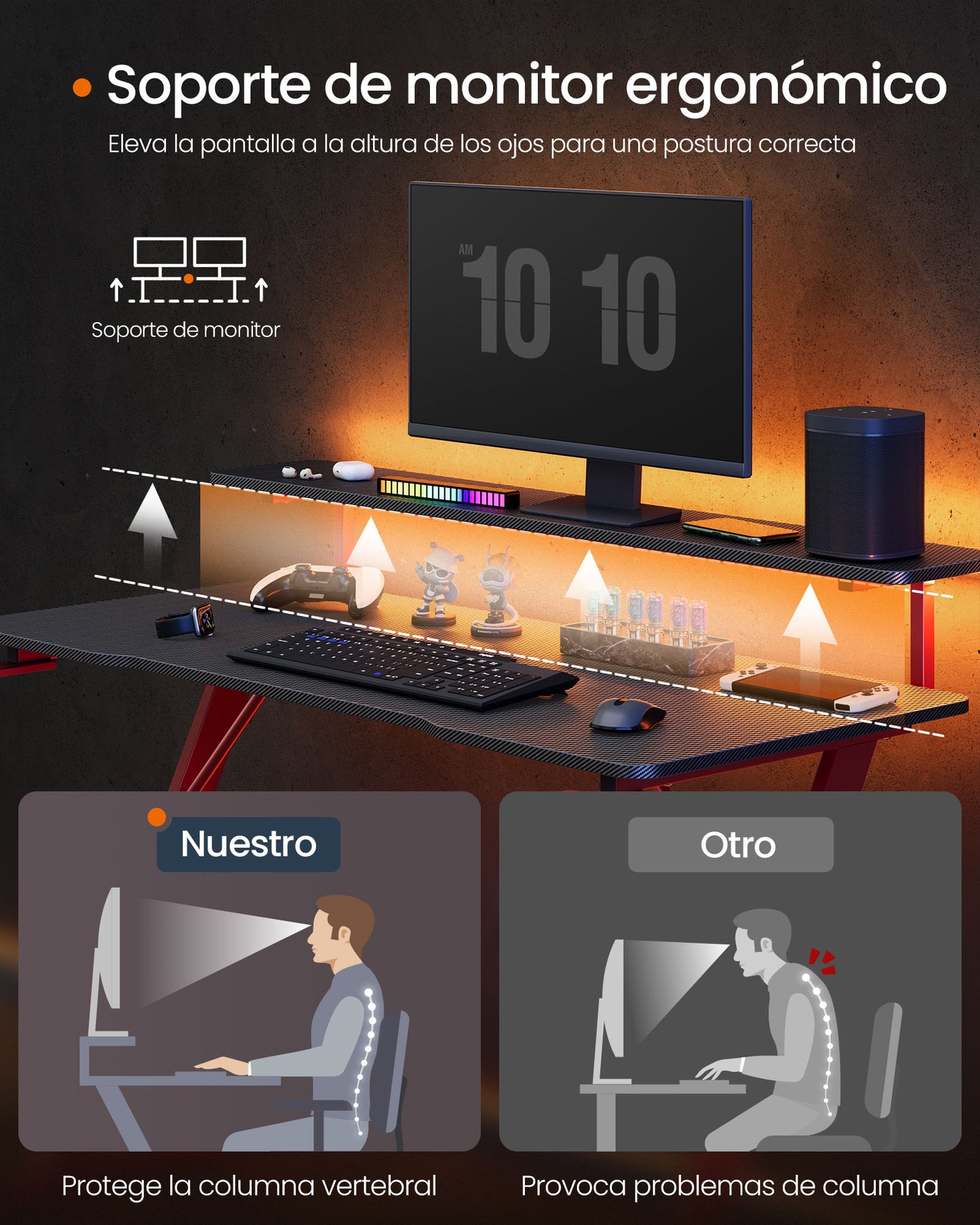 Escritorio para Juegos con Luces LED Negro Carbón y Rojo Rubí-VASAGLE