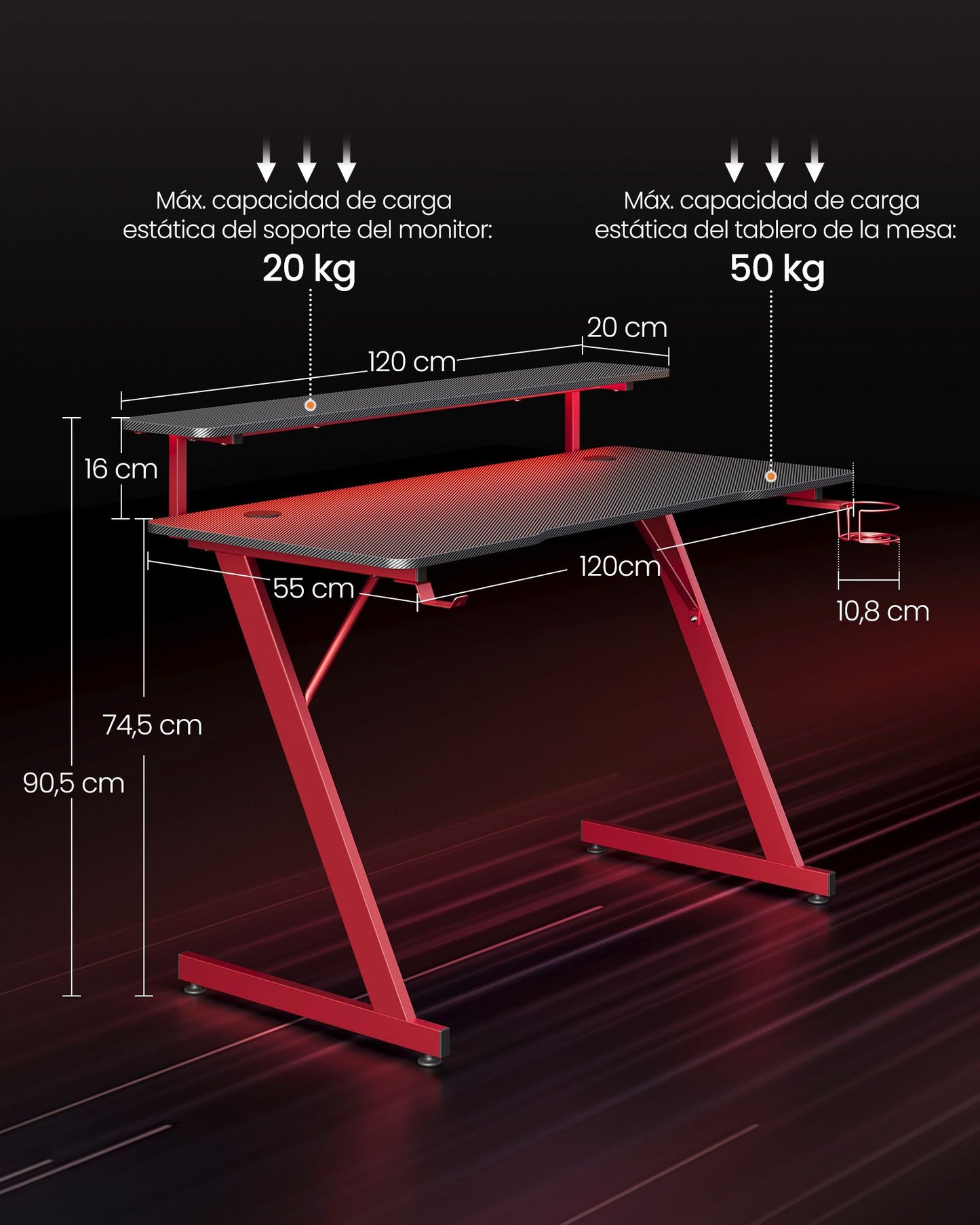 Escritorio para Juegos con Luces LED Negro Carbón y Rojo Rubí-VASAGLE