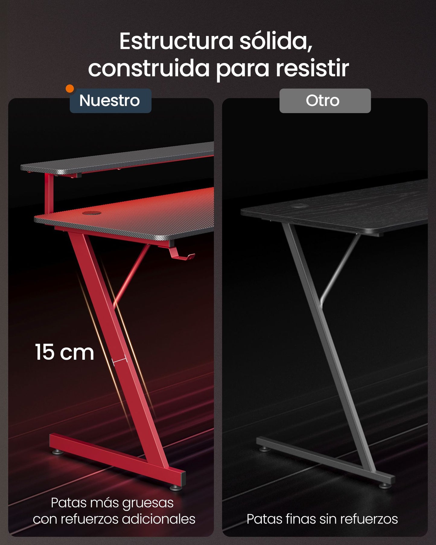 Escritorio para Juegos con Luces LED Negro Carbón y Rojo Rubí-VASAGLE