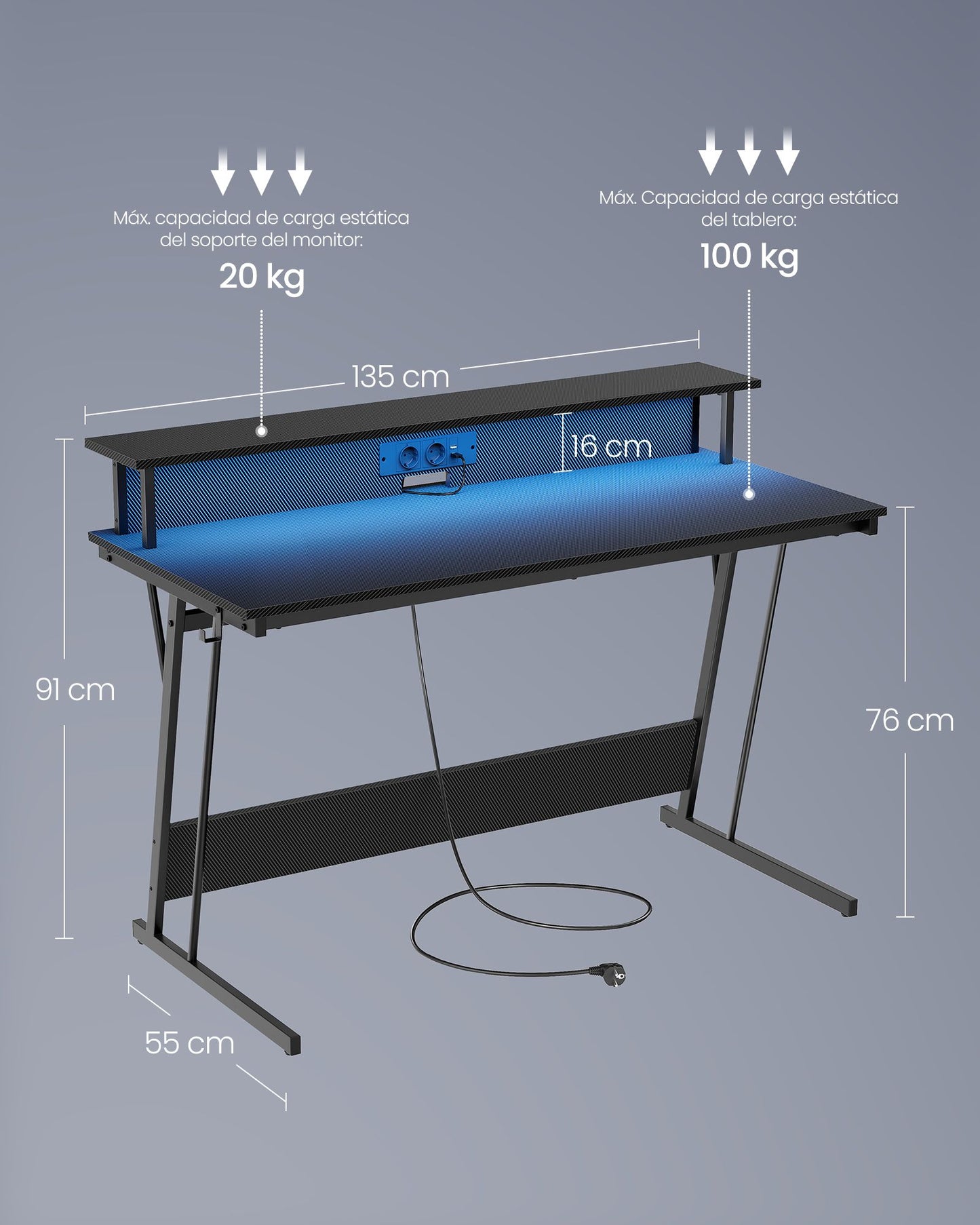 Escritorio para Juegos con Luces LED y Tomas de Corriente Negro Carbón-VASAGLE