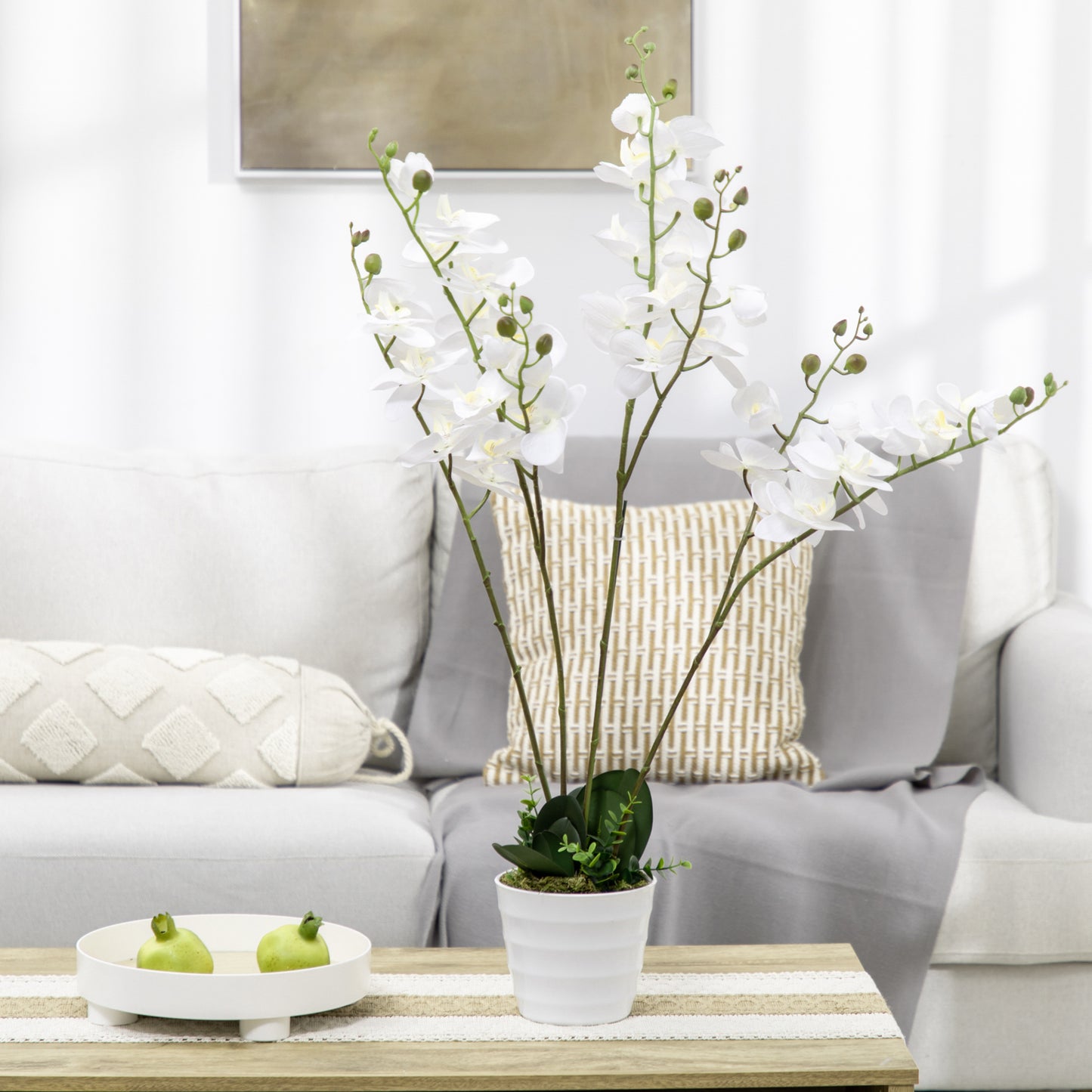 HOMCOM Juego de 2 Plantas Artificiales de Orquídeas Phalaenopsis Artificiales con Maceta Plantas Sintéticas para Decoración Hogar Salón Oficina Blanco