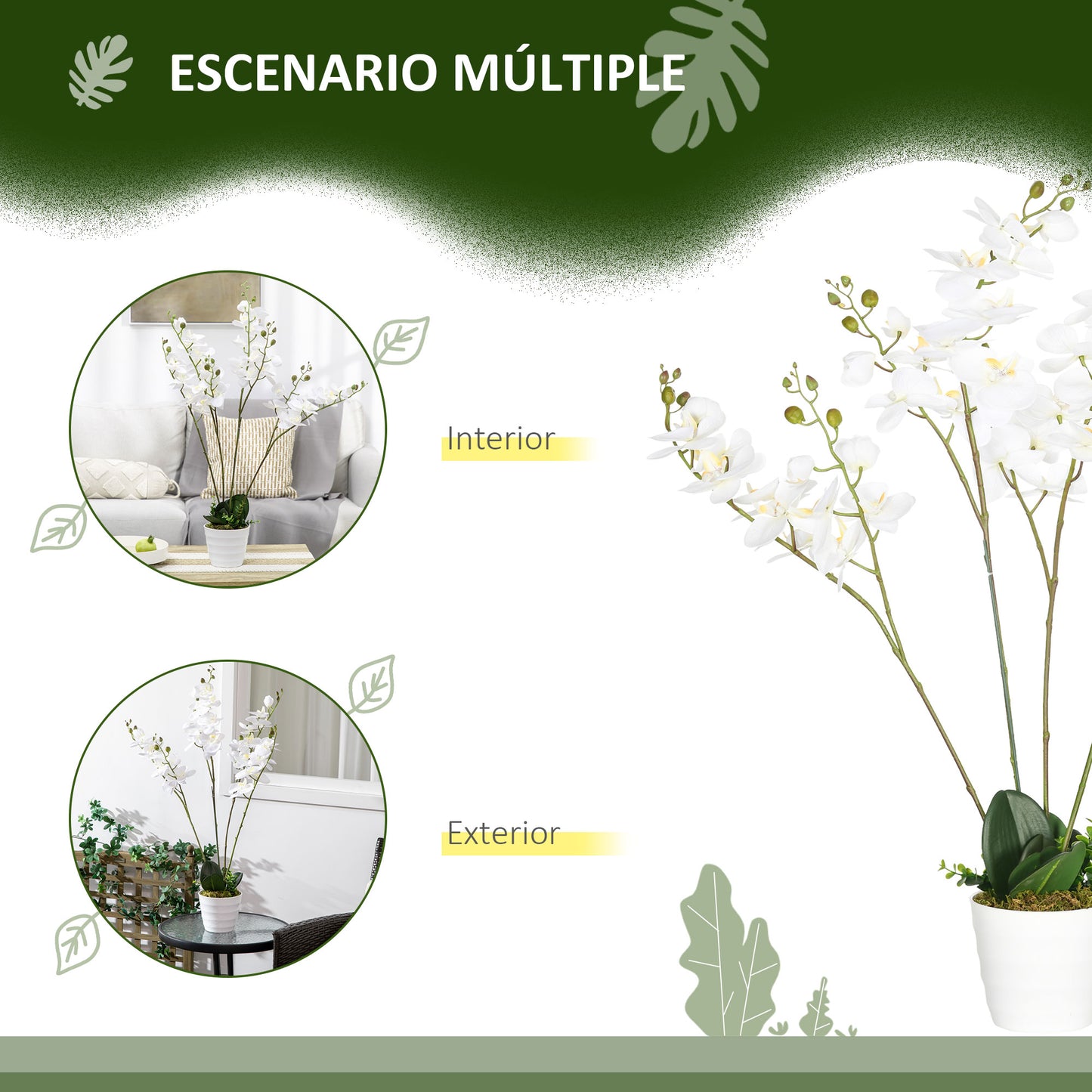 HOMCOM Juego de 2 Plantas Artificiales de Orquídeas Phalaenopsis Artificiales con Maceta Plantas Sintéticas para Decoración Hogar Salón Oficina Blanco