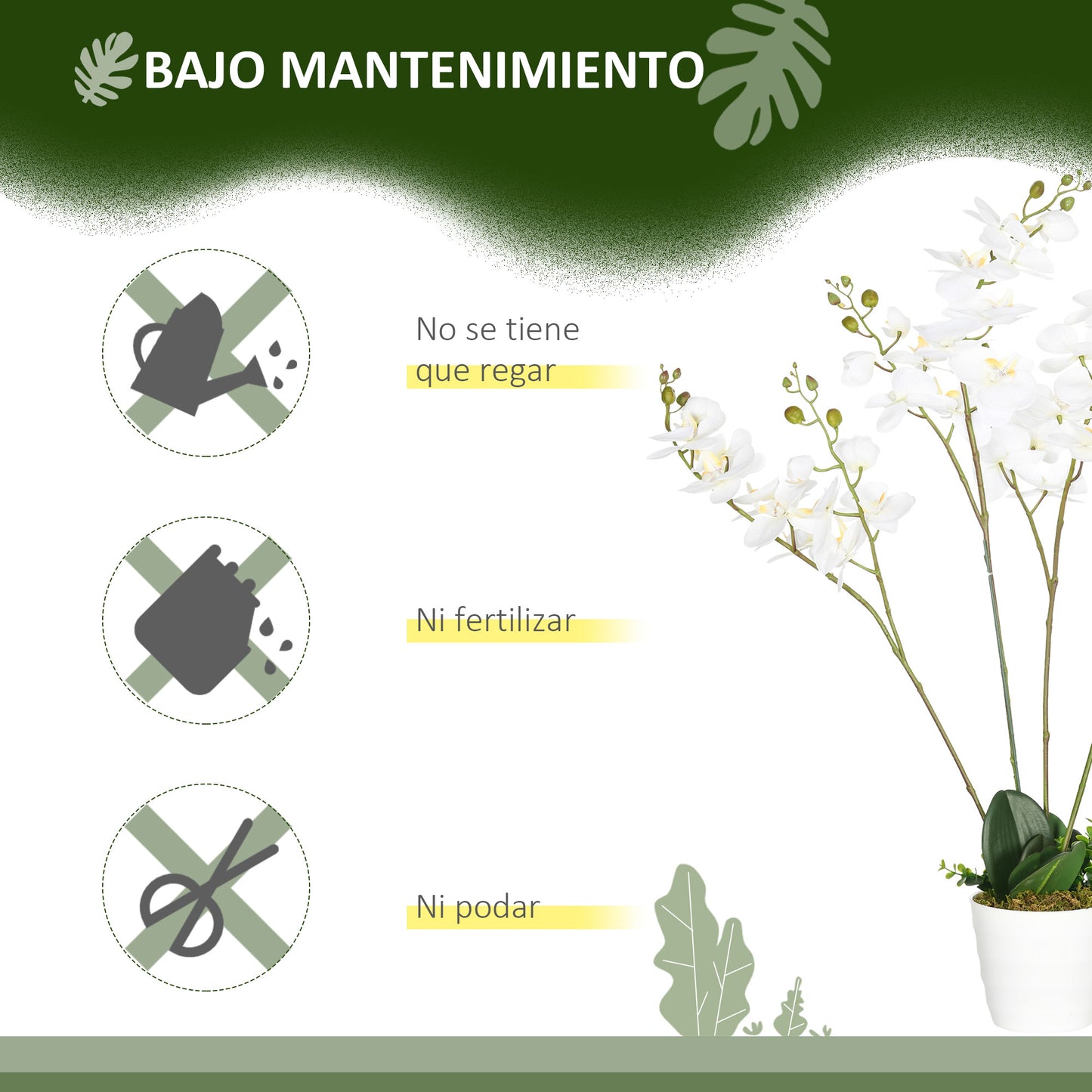 HOMCOM Juego de 2 Plantas Artificiales de Orquídeas Phalaenopsis Artificiales con Maceta Plantas Sintéticas para Decoración Hogar Salón Oficina Blanco