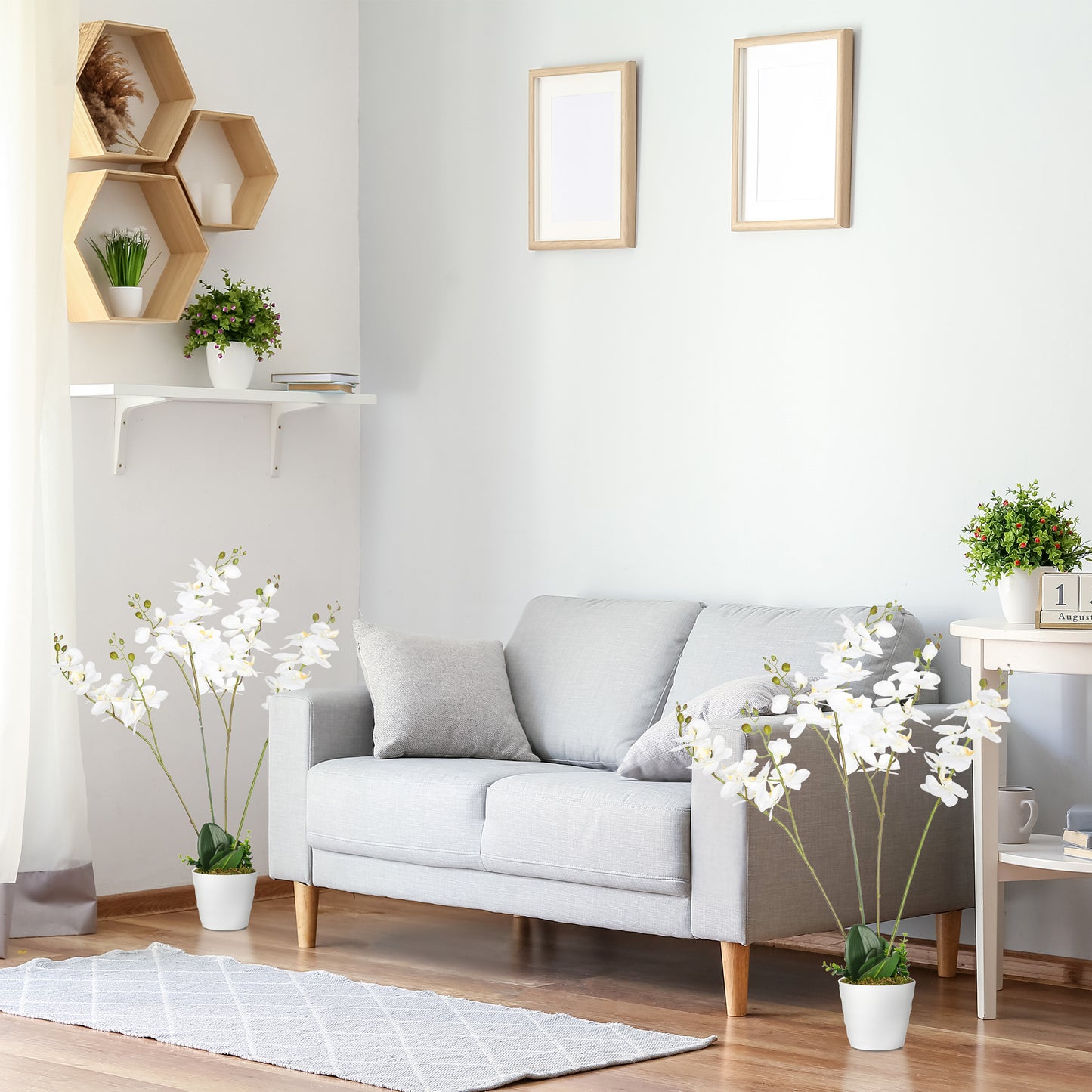 HOMCOM Juego de 2 Plantas Artificiales de Orquídeas Phalaenopsis Artificiales con Maceta Plantas Sintéticas para Decoración Hogar Salón Oficina Blanco