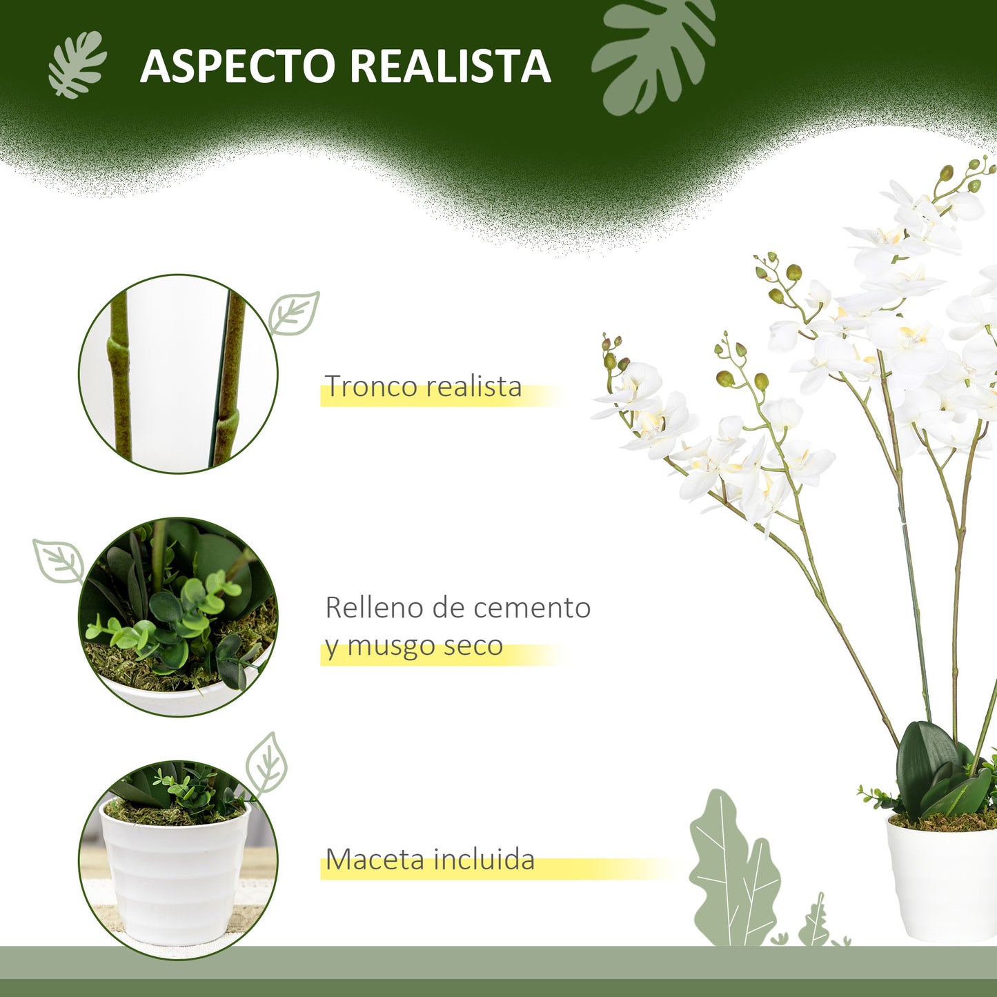 HOMCOM Juego de 2 Plantas Artificiales de Orquídeas Phalaenopsis Artificiales con Maceta Plantas Sintéticas para Decoración Hogar Salón Oficina Blanco