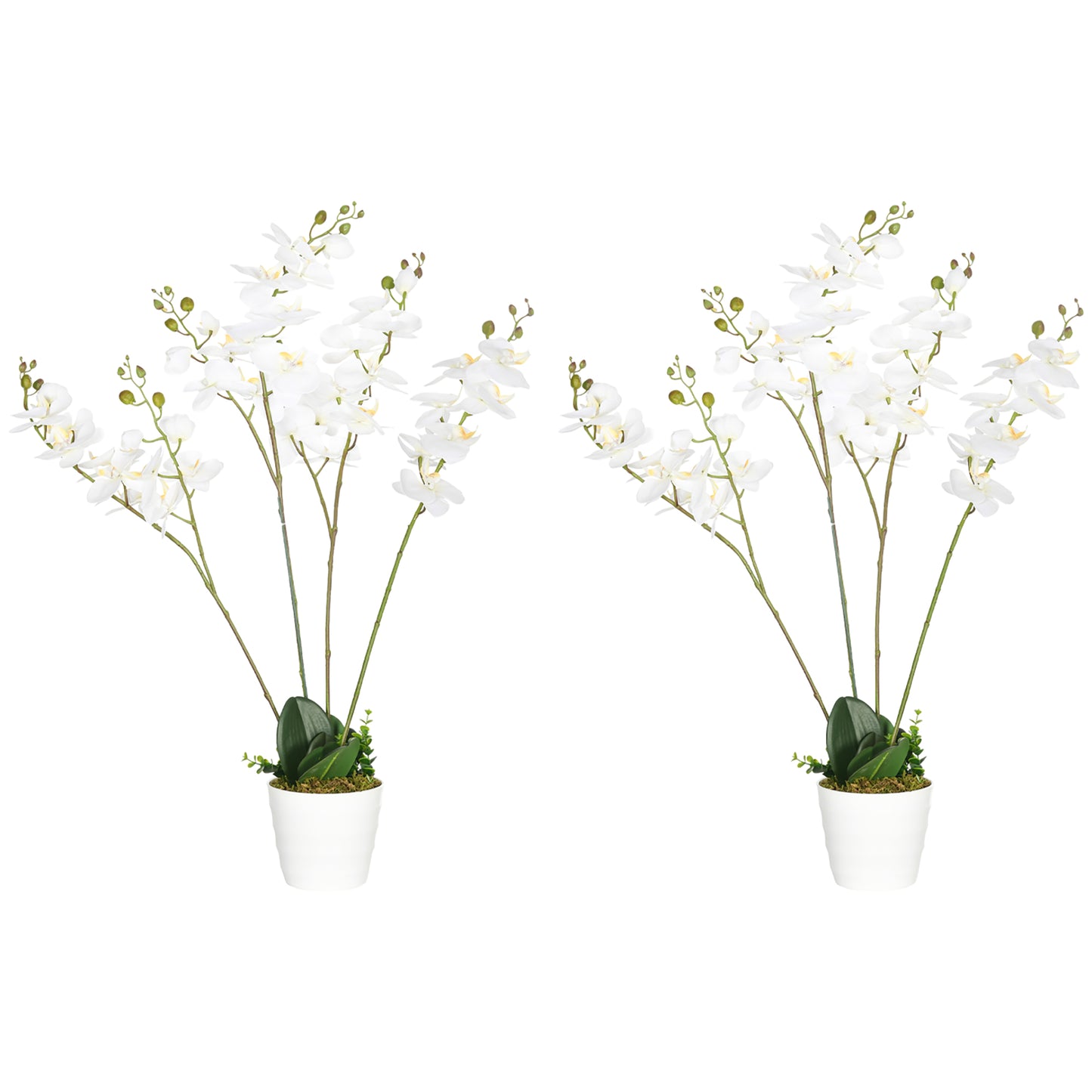 HOMCOM Juego de 2 Plantas Artificiales de Orquídeas Phalaenopsis Artificiales con Maceta Plantas Sintéticas para Decoración Hogar Salón Oficina Blanco