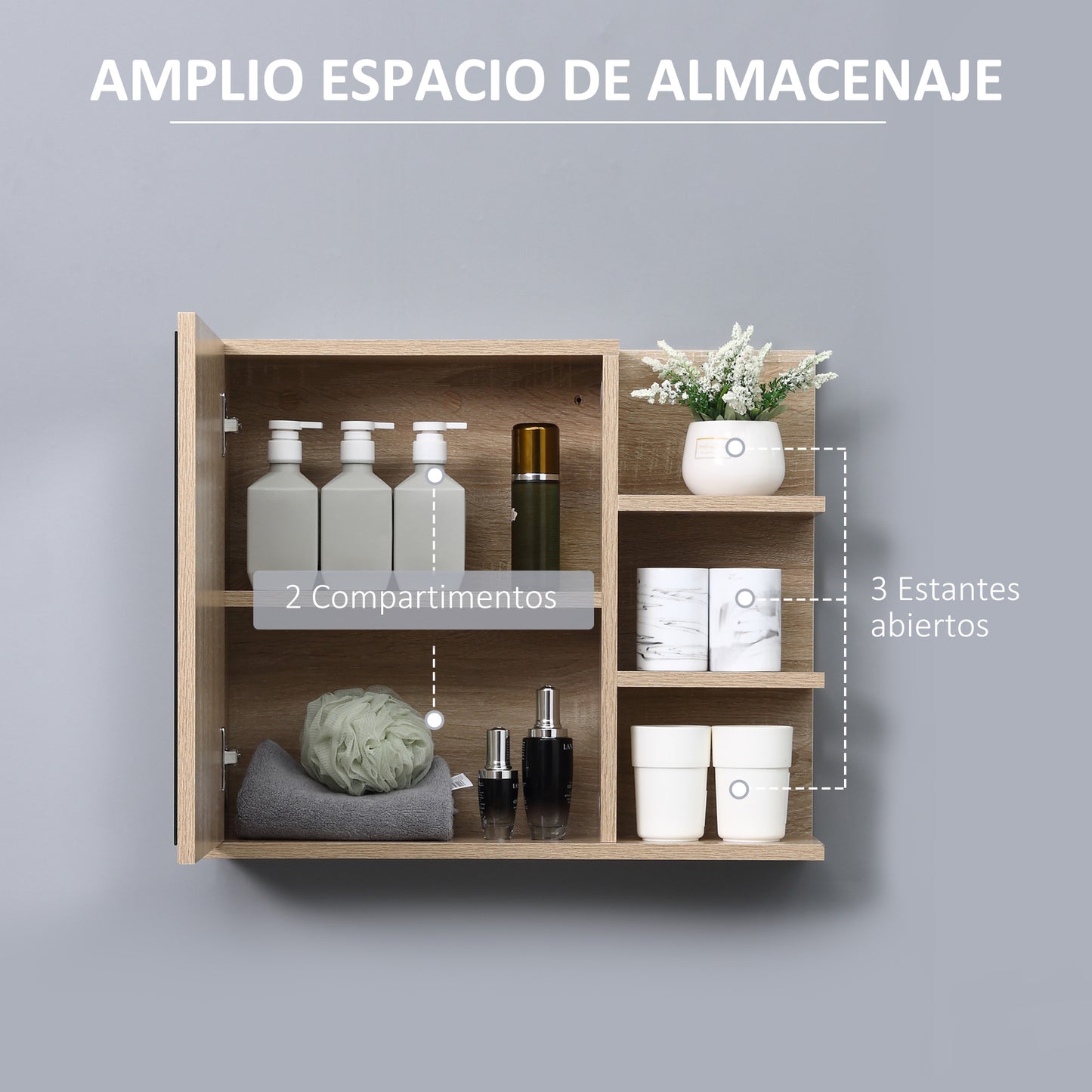 kleankin Armario de Baño con Espejo Armario con Espejo para Baño con 3 Estantes Abiertos y 1 Estante Interior Mueble para Baño Estilo Moderno 60x18x50 cm Natural