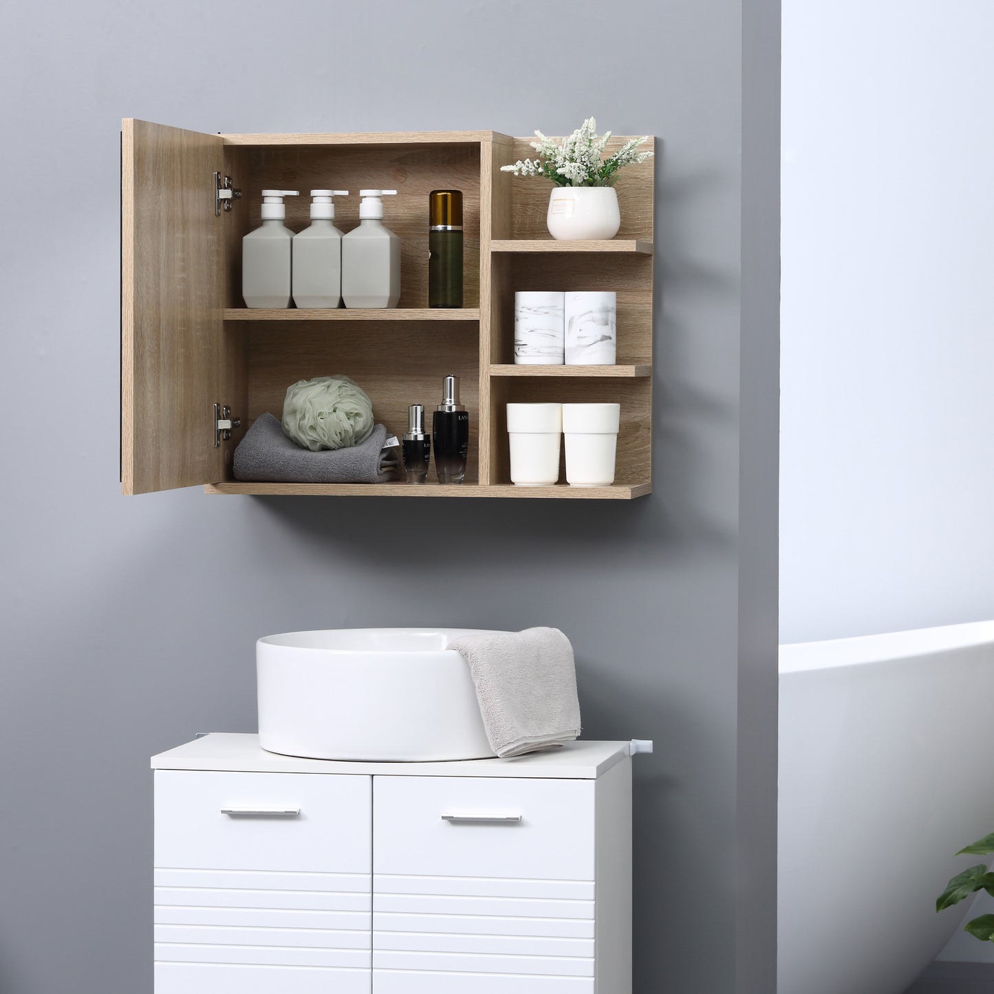 kleankin Armario de Baño con Espejo Armario con Espejo para Baño con 3 Estantes Abiertos y 1 Estante Interior Mueble para Baño Estilo Moderno 60x18x50 cm Natural