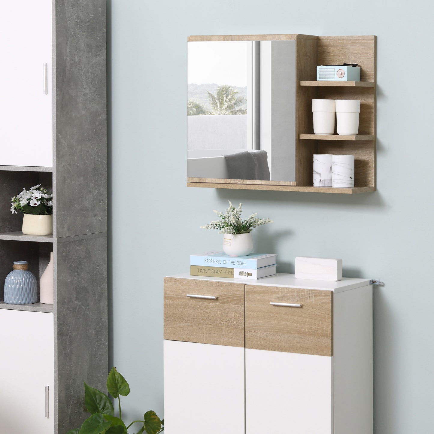 kleankin Armario de Baño con Espejo Armario con Espejo para Baño con 3 Estantes Abiertos y 1 Estante Interior Mueble para Baño Estilo Moderno 60x18x50 cm Natural