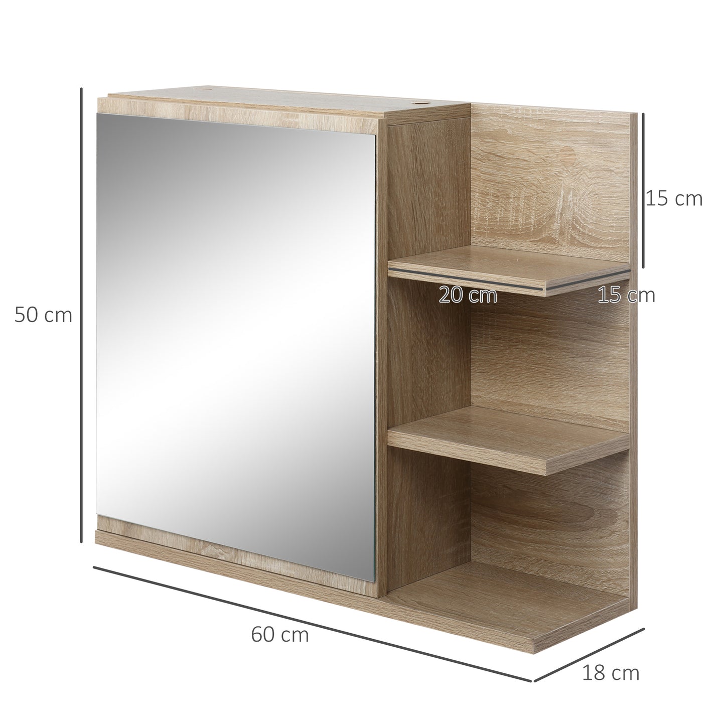 kleankin Armario de Baño con Espejo Armario con Espejo para Baño con 3 Estantes Abiertos y 1 Estante Interior Mueble para Baño Estilo Moderno 60x18x50 cm Natural