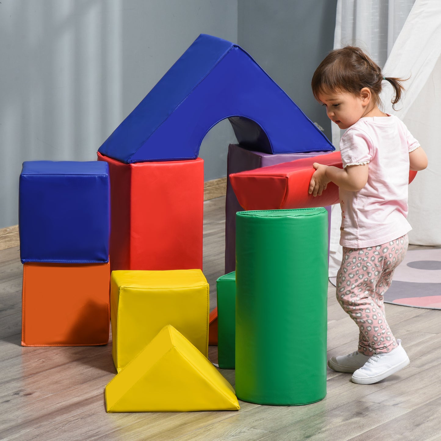 HOMCOM Juego de 11 Bloques de Espuma para Niños Bloques Psicomotricidad Figuras de Construcción Juguete para Aprendizaje para Niños de 1-3 Años 50x50x25 cm Multicolor