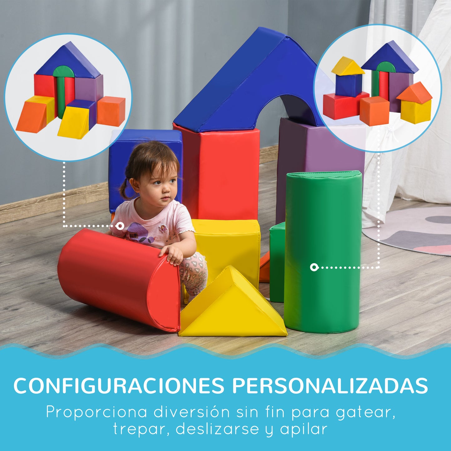 HOMCOM Juego de 11 Bloques de Espuma para Niños Bloques Psicomotricidad Figuras de Construcción Juguete para Aprendizaje para Niños de 1-3 Años 50x50x25 cm Multicolor