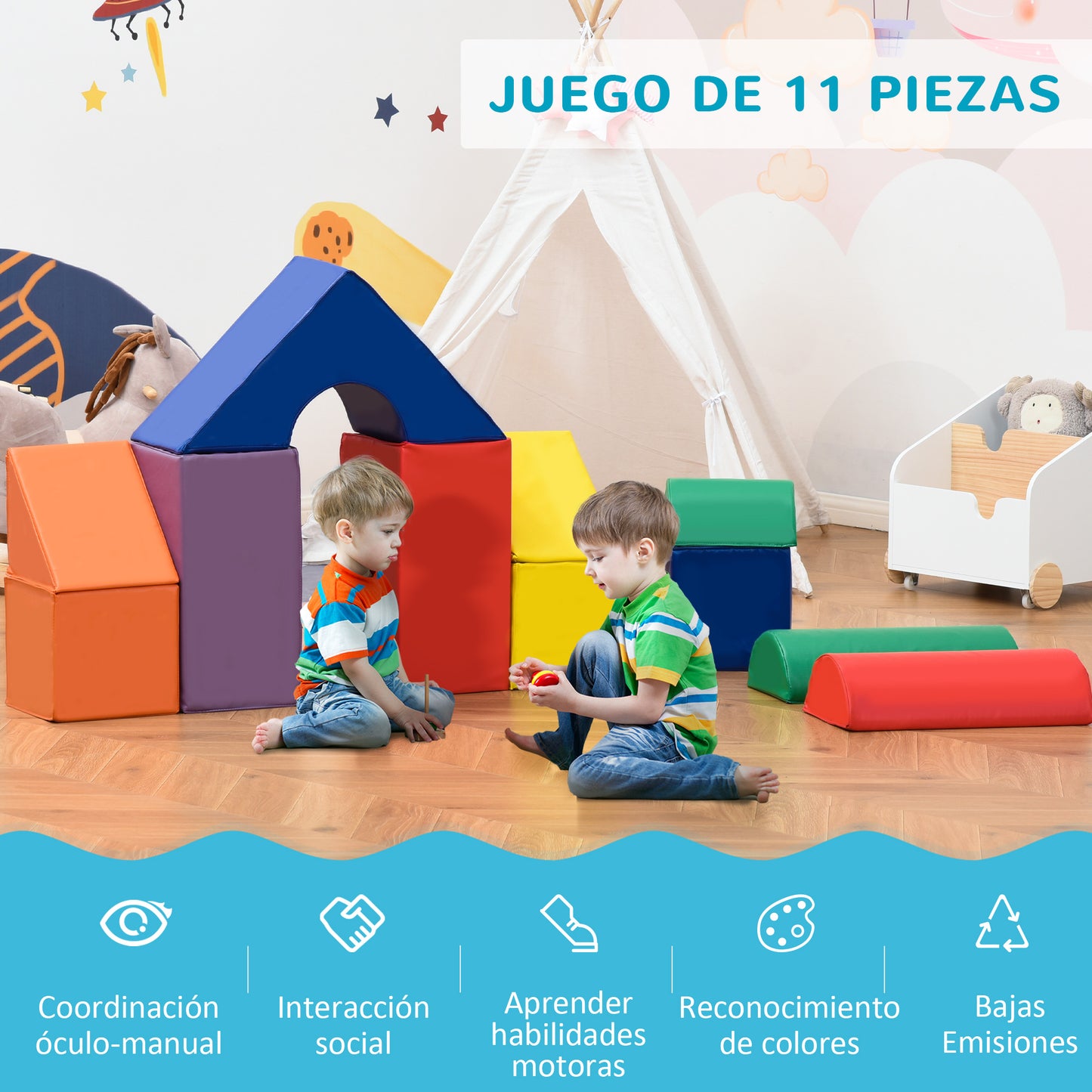 HOMCOM Juego de 11 Bloques de Espuma para Niños Bloques Psicomotricidad Figuras de Construcción Juguete para Aprendizaje para Niños de 1-3 Años 50x50x25 cm Multicolor