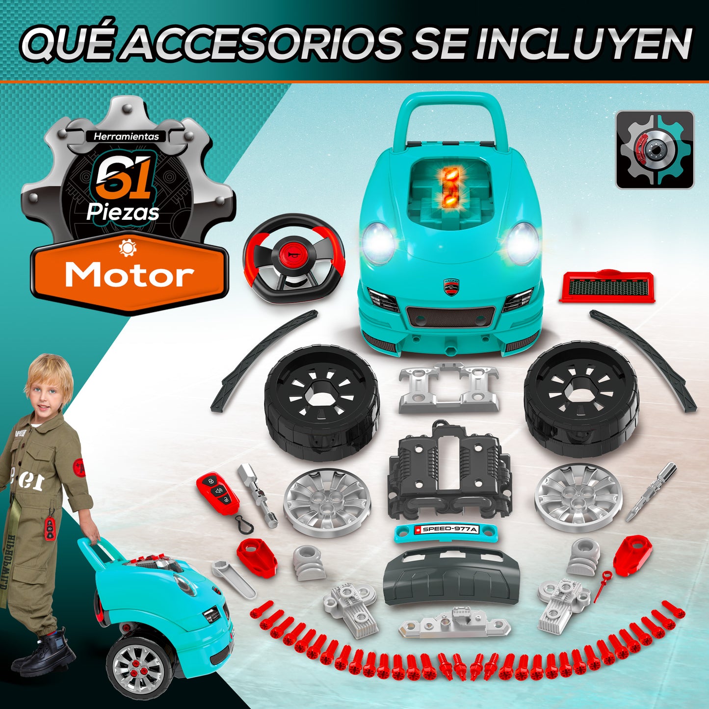 HOMCOM Motor de Camión para Niños de +3 Años Conjunto de Motor de Juguete con 61 Piezas Volante Bocina Faros Caja de Almacenaje y Ruedas 40x39x47 cm Turquesa