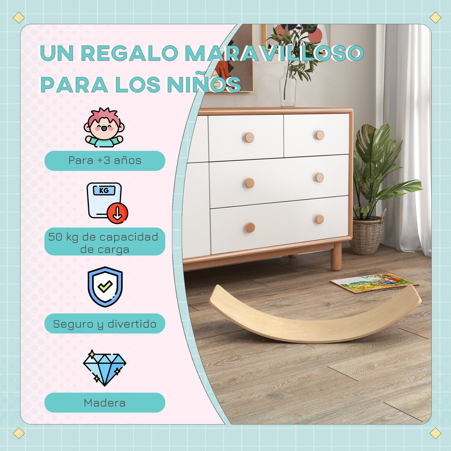 AIYAPLAY Tabla de Equilibrio para Niños de +3 Años Tabla Curva de Madera Carga 50 kg para Entrenamiento Sensorial Equilibrio 90x29x19 cm Natural