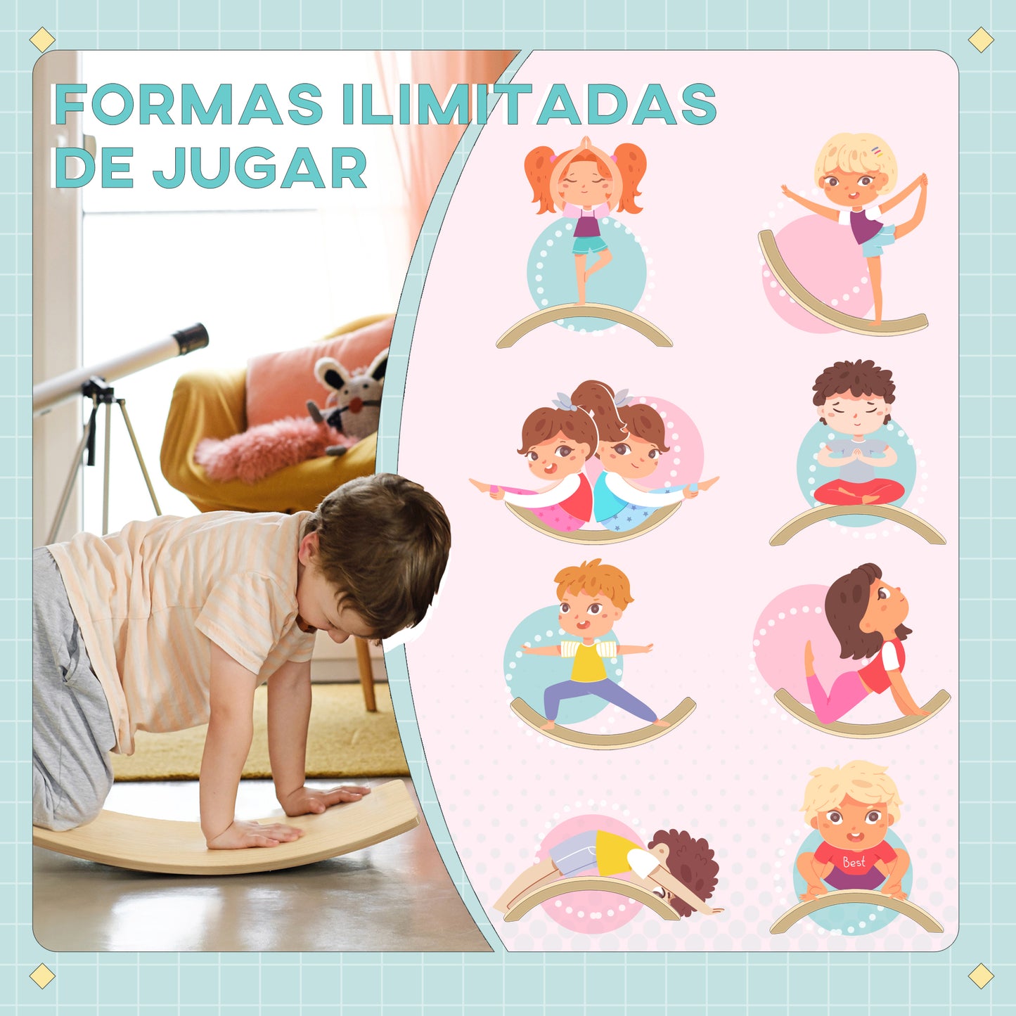 AIYAPLAY Tabla de Equilibrio para Niños de +3 Años Tabla Curva de Madera Carga 50 kg para Entrenamiento Sensorial Equilibrio 90x29x19 cm Natural