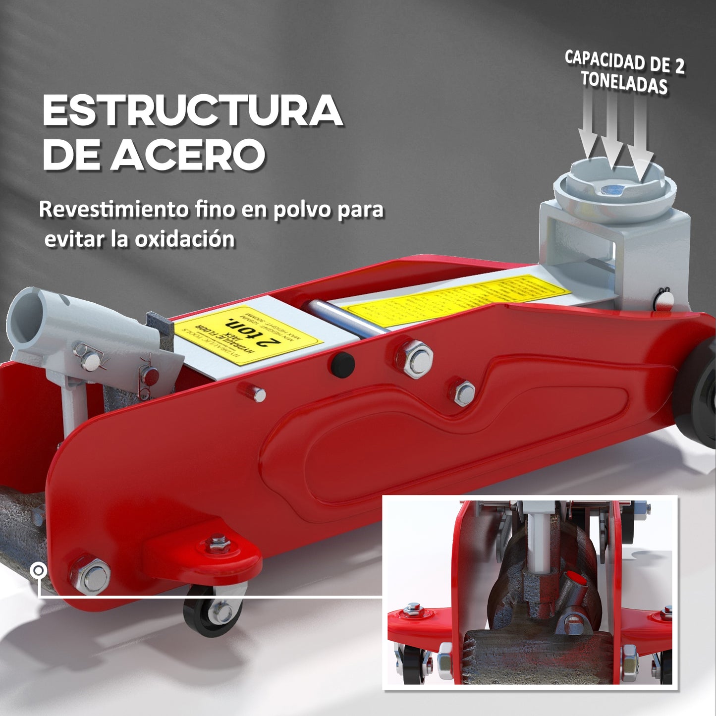 HOMCOM Gato Hidráulico para Coche de 2 Toneladas Gato Hidráulico con Altura Ajustable 12-30 cm y 4 Ruedas para Apoyar Coches Automóviles Rojo y Amarillo