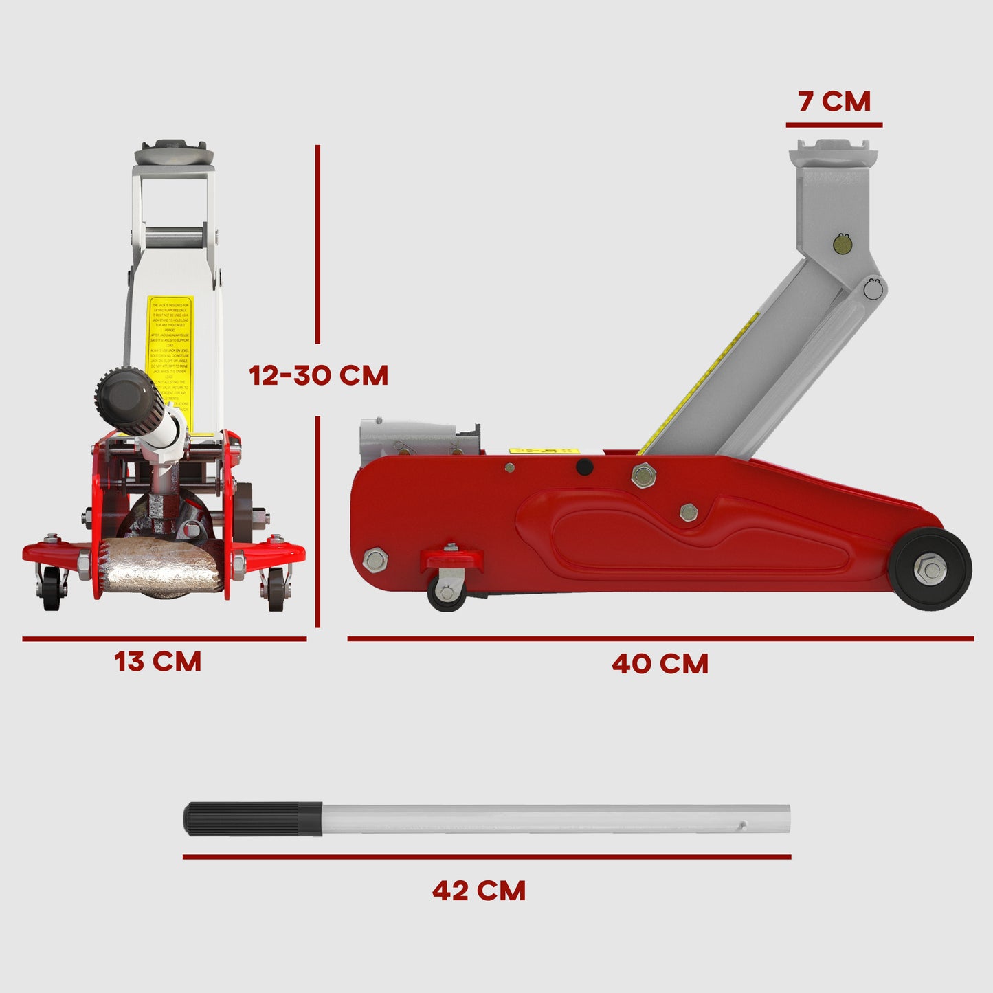 HOMCOM Gato Hidráulico para Coche de 2 Toneladas Gato Hidráulico con Altura Ajustable 12-30 cm y 4 Ruedas para Apoyar Coches Automóviles Rojo y Amarillo